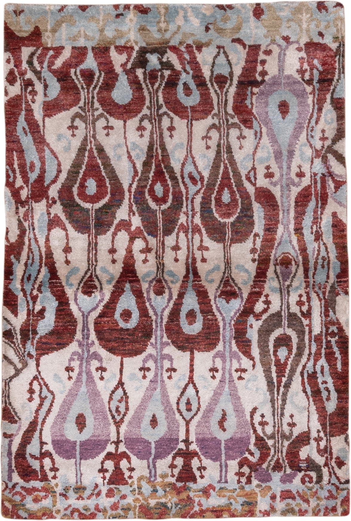 4' x 6' one-of-a-kind handmade vintage Sari Silk small size rug. Color palette: ivory, rust, lavender, pale_blue, taupe