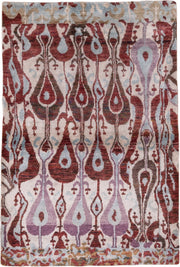 4' x 6' one-of-a-kind handmade vintage Sari Silk small size rug. Color palette: ivory, rust, lavender, pale_blue, taupe