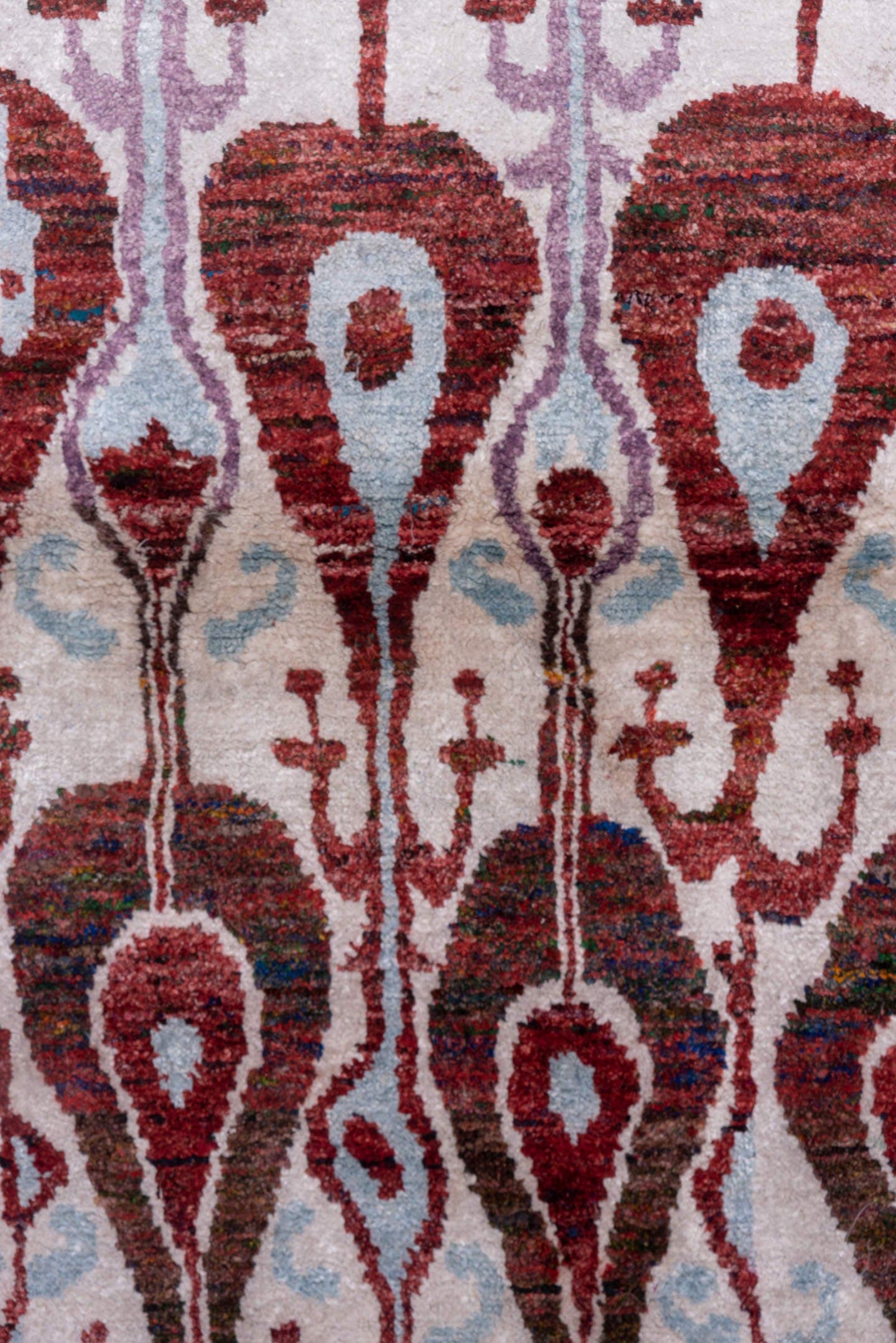 4' x 6' one-of-a-kind handmade vintage Sari Silk small size rug. Color palette: ivory, rust, lavender, pale_blue, taupe