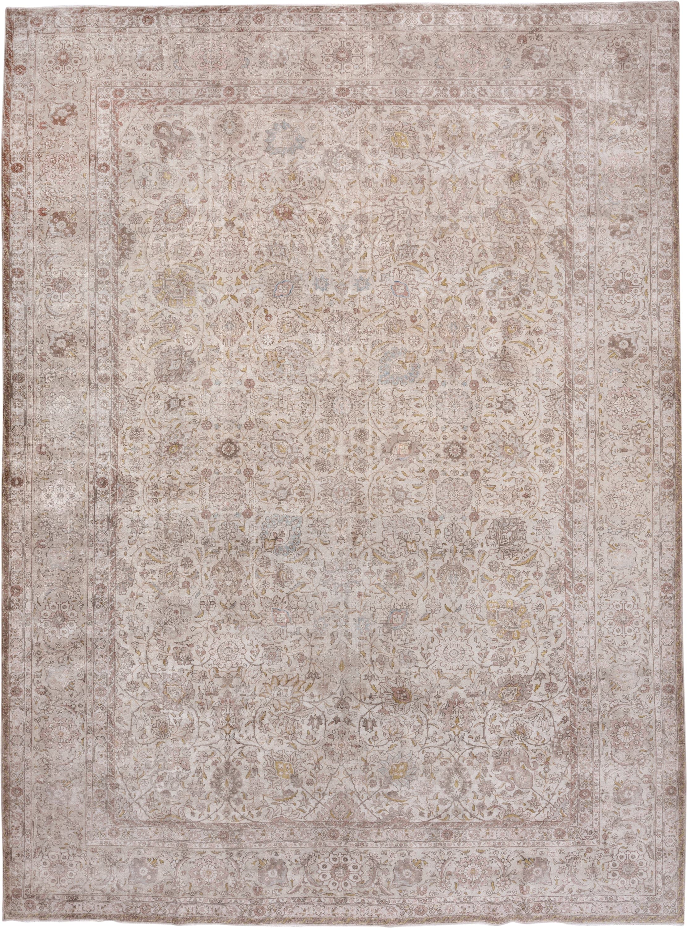 13' x 17' one-of-a-kind handmade antique Tabriz oversize rug. Color palette: ivory, taupe, blush, beige, gold, pale blue