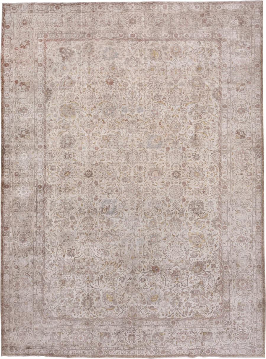 13' x 17' one-of-a-kind handmade antique Tabriz oversize rug. Color palette: ivory, taupe, blush, beige, gold, pale blue