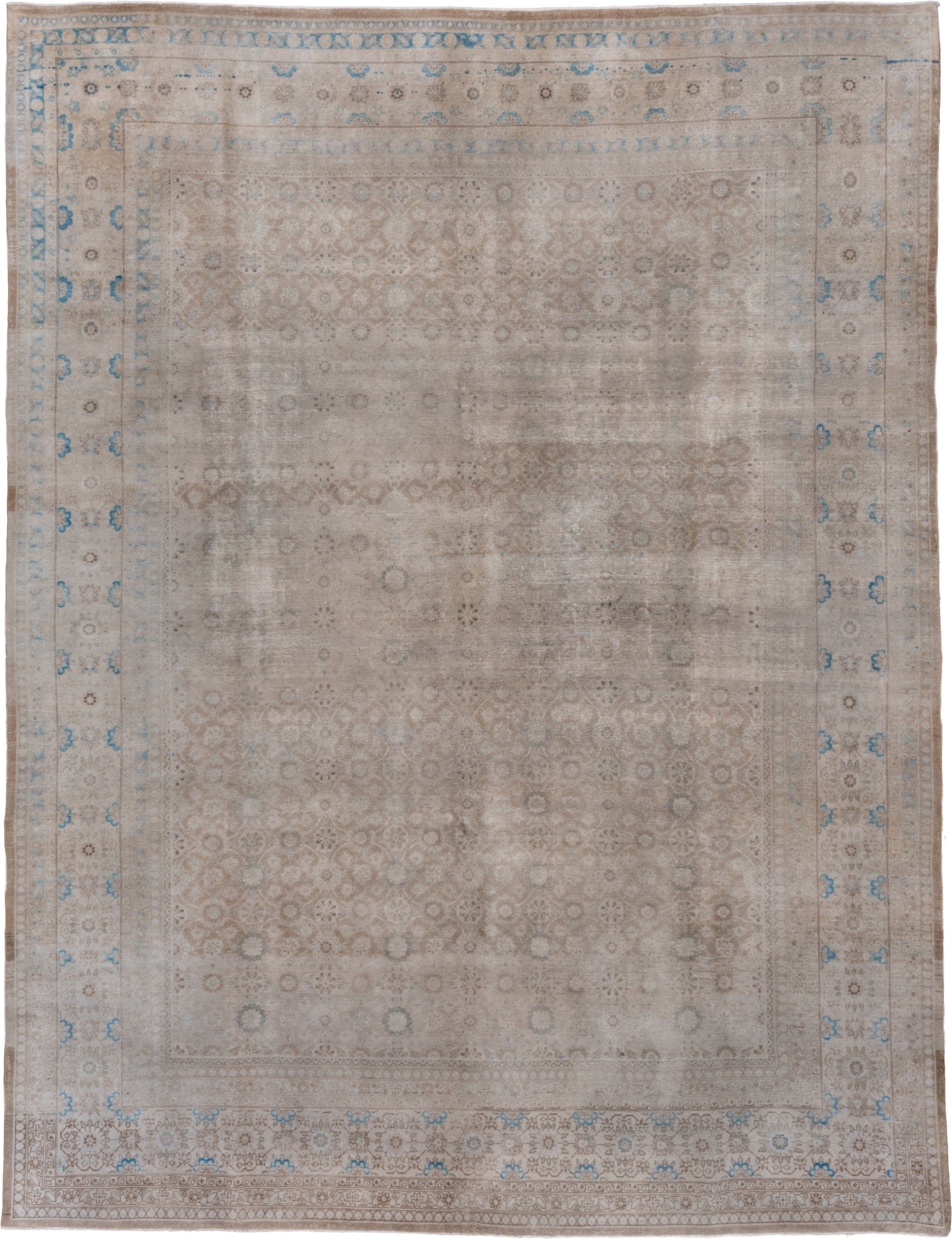 9' x 12' one-of-a-kind handmade antique Sivas large size rug. Color palette: ivory, taupe, sky blue, beige, camel