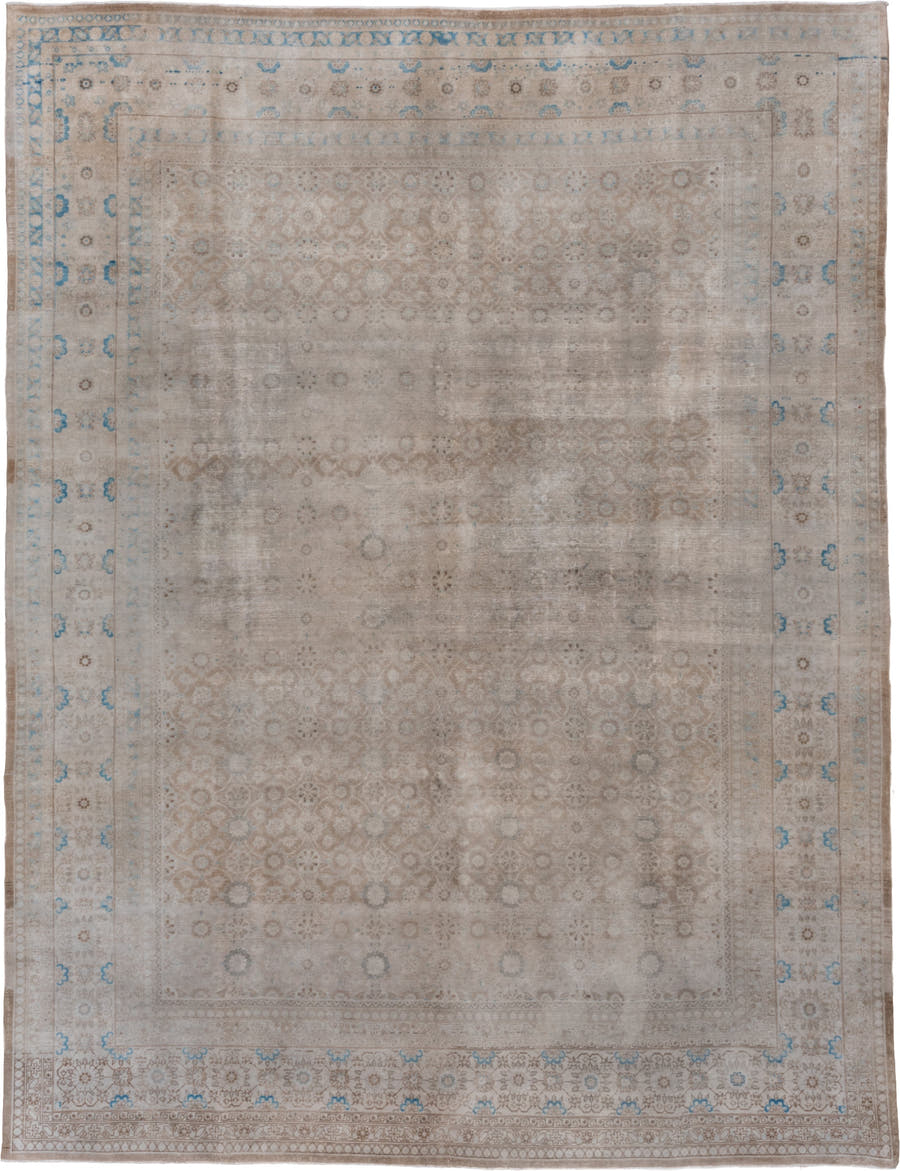 9' x 12' one-of-a-kind handmade antique Sivas large size rug. Color palette: ivory, taupe, sky blue, beige, camel