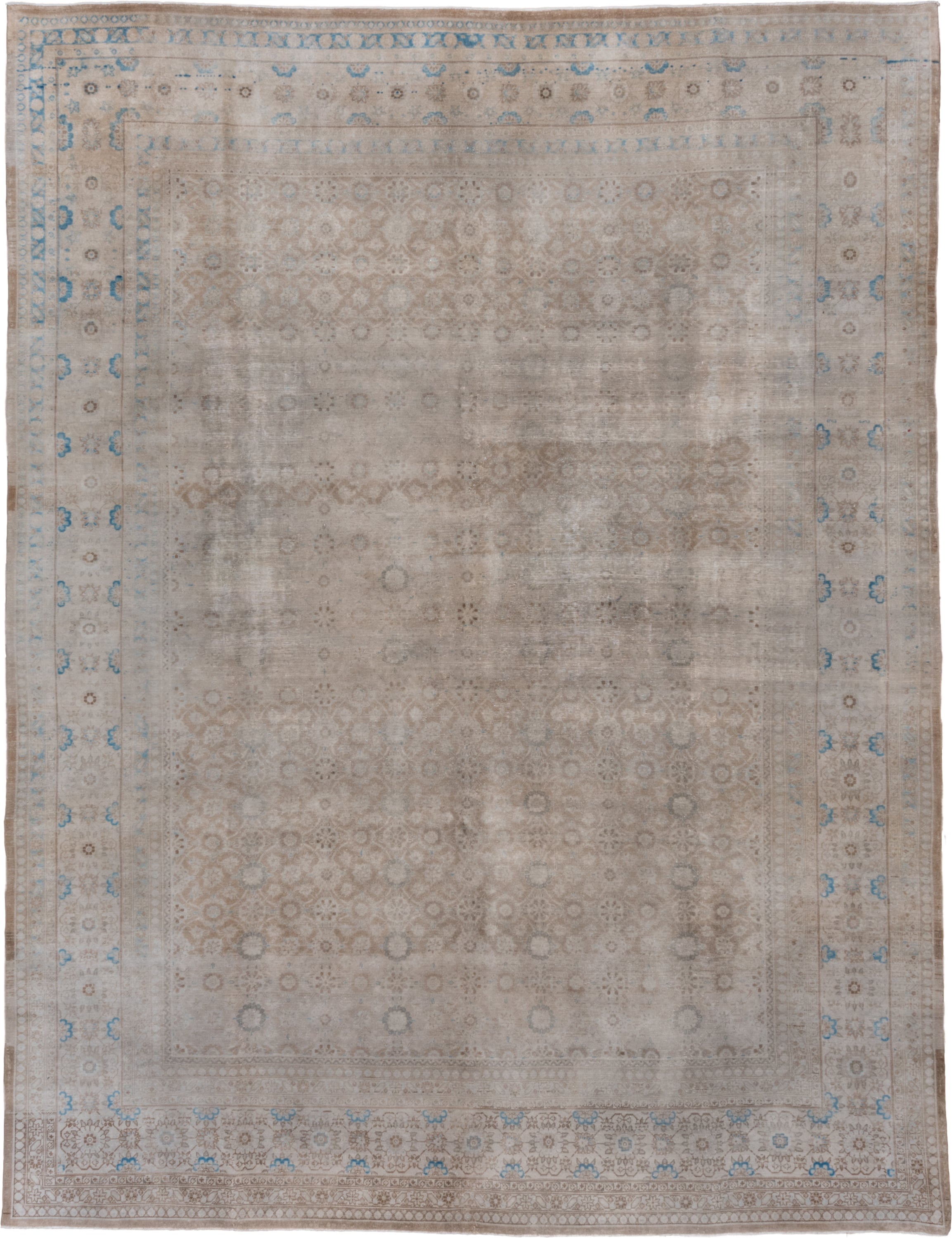 9' x 12' one-of-a-kind handmade antique Sivas large size rug. Color palette: ivory, taupe, sky blue, beige, camel