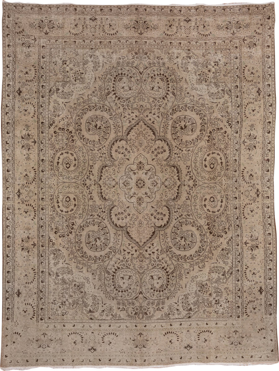 9' x 12' one-of-a-kind handmade antique Sivas large size rug. Color palette: ivory, taupe, brown, camel, beige, gray