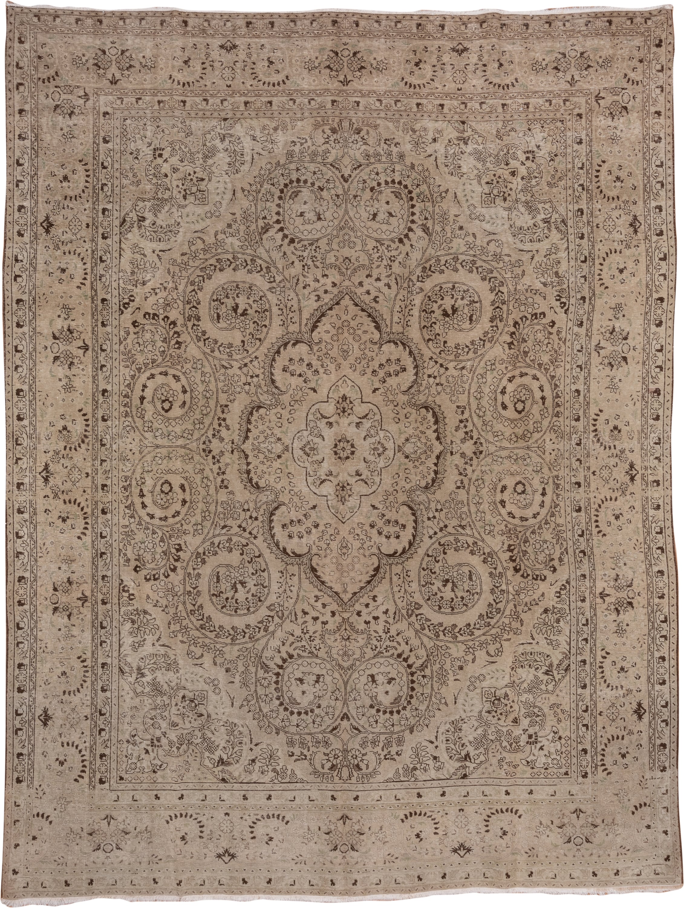 9' x 12' one-of-a-kind handmade antique Sivas large size rug. Color palette: ivory, taupe, brown, camel, beige, gray