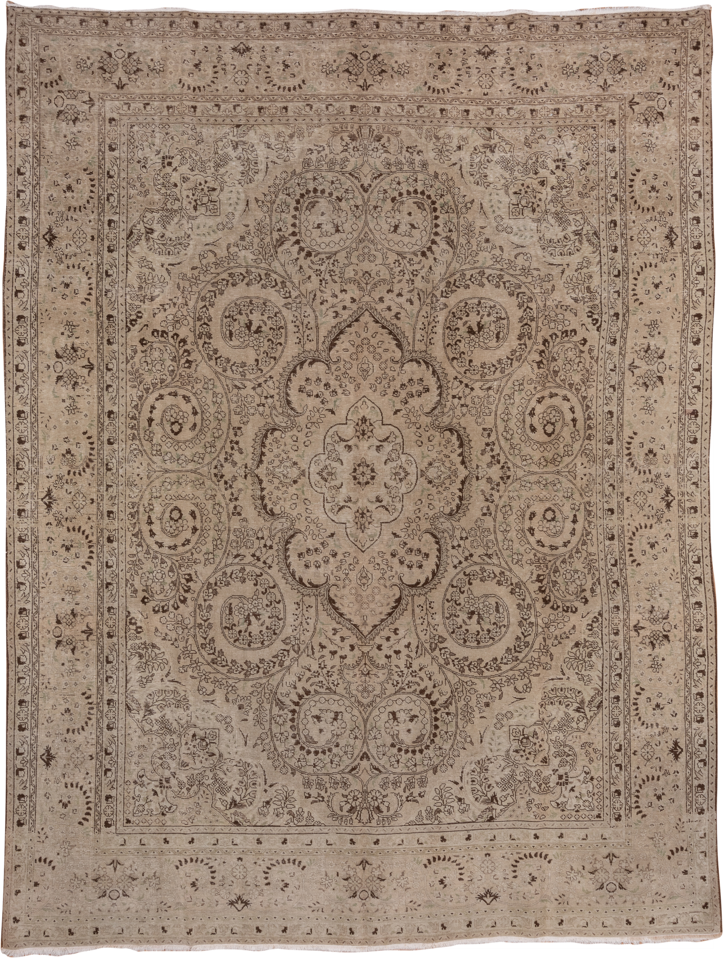 9' x 12' one-of-a-kind handmade antique Sivas large size rug. Color palette: ivory, taupe, brown, camel, beige, gray