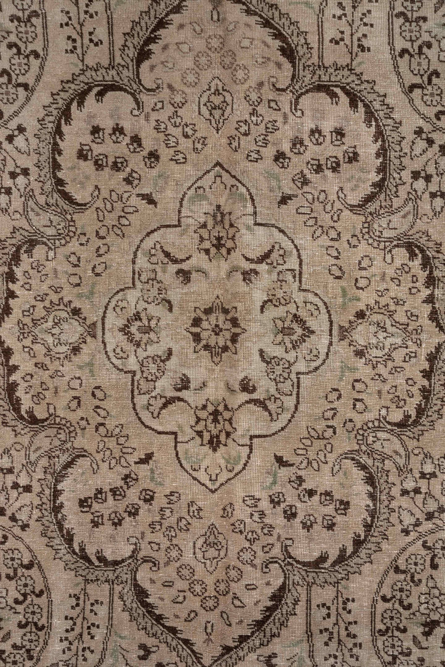 9' x 12' one-of-a-kind handmade antique Sivas large size rug. Color palette: ivory, taupe, brown, camel, beige, gray