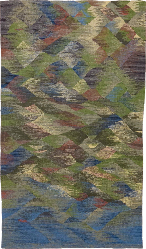 2' x 4' one-of-a-kind handmade vintage Kilim small size rug. Color palette: black, blue, brown, dim gray, fiord, gray