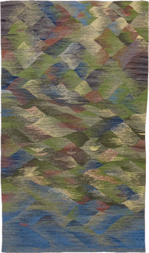 2' x 4' one-of-a-kind handmade vintage Kilim small size rug. Color palette: olive, blue, taupe, sage, slate, ivory, rust