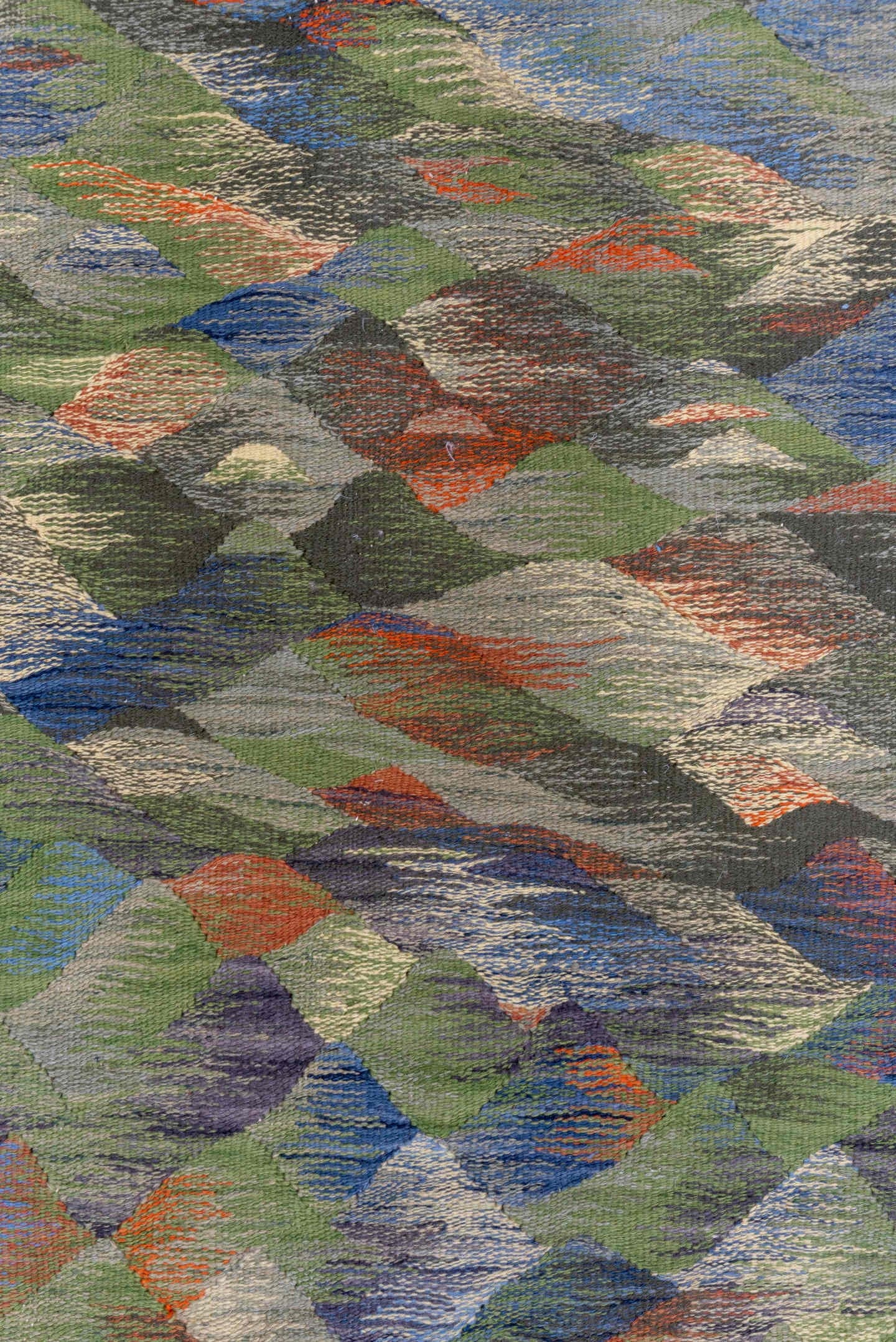 2' x 4' one-of-a-kind handmade vintage Kilim small size rug. Color palette: olive, blue, taupe, sage, slate, ivory, rust