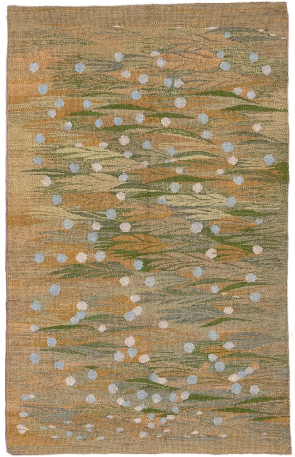 3' x 4' one-of-a-kind handmade vintage Kilim small size rug. Color palette: tan, sage, olive, camel, ivory, pale_blue, gold