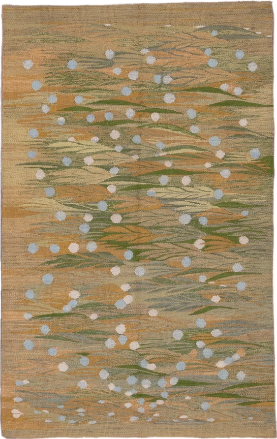 3' x 4' one-of-a-kind handmade vintage Kilim small size rug. Color palette: tan, sage, olive, camel, ivory, pale_blue, gold