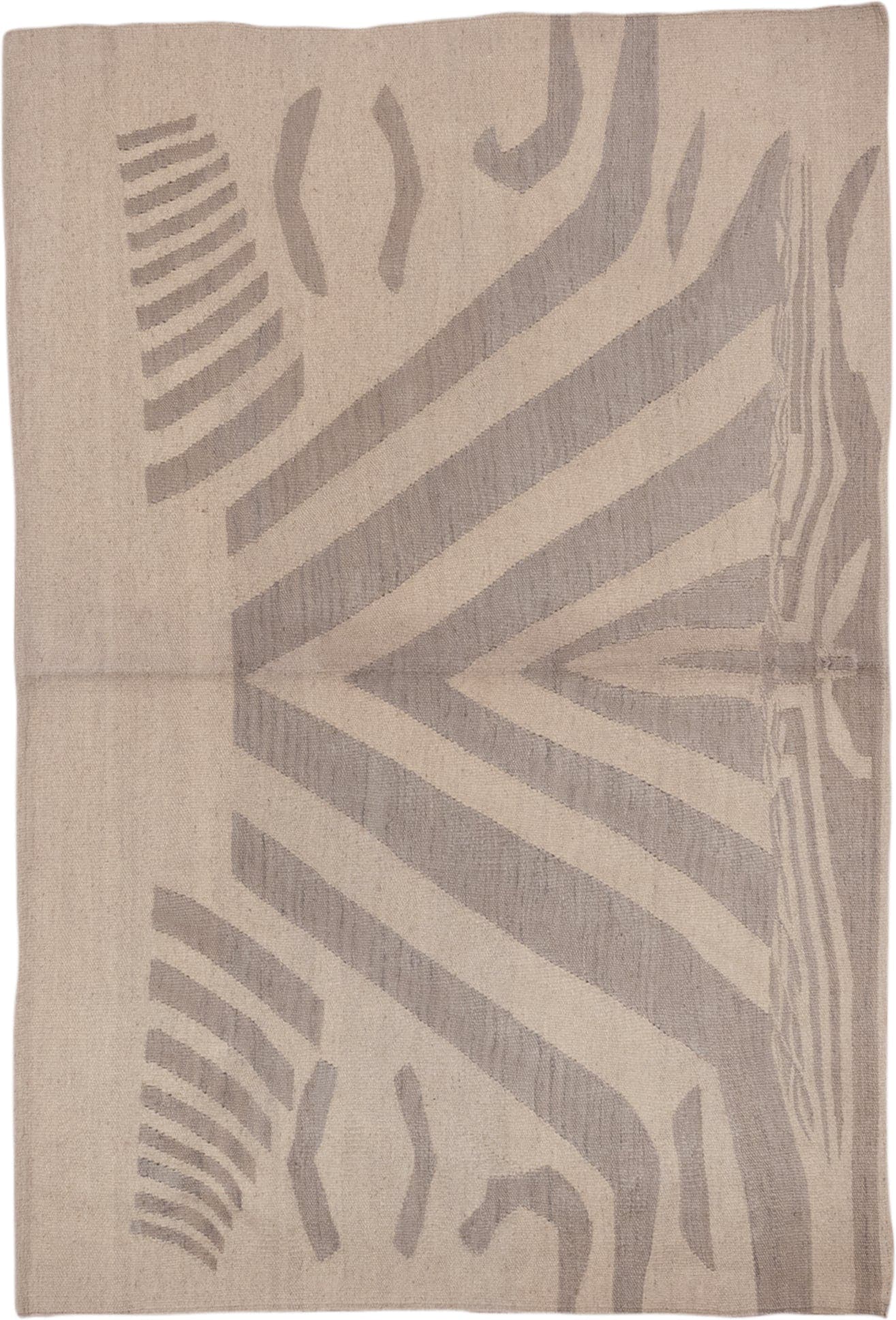 4' x 5' one-of-a-kind handmade vintage Kilim small size rug. Color palette: beige, taupe, ivory, sand, greige, gray