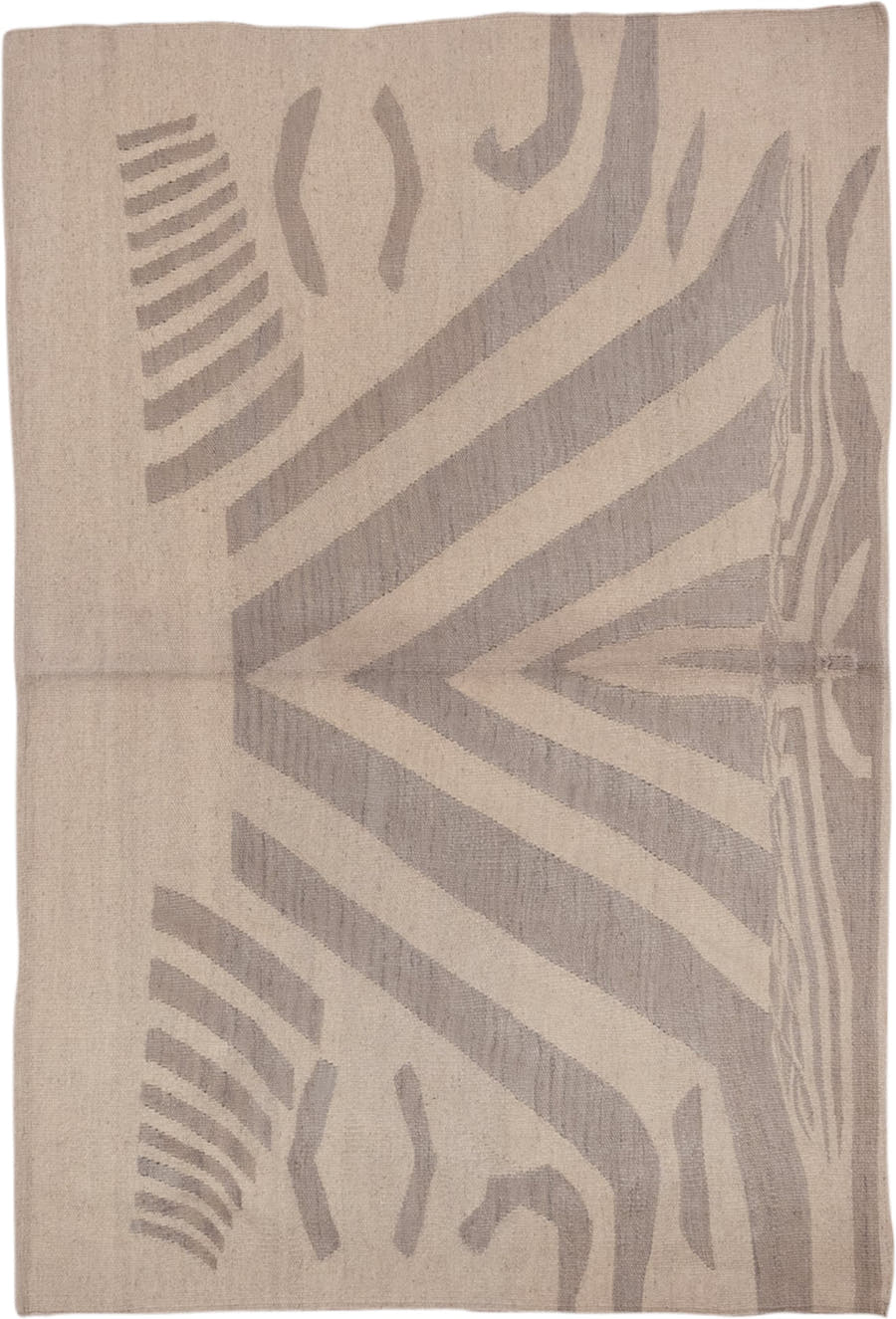 4' x 5' one-of-a-kind handmade vintage Kilim small size rug. Color palette: beige, taupe, ivory, sand, greige, gray