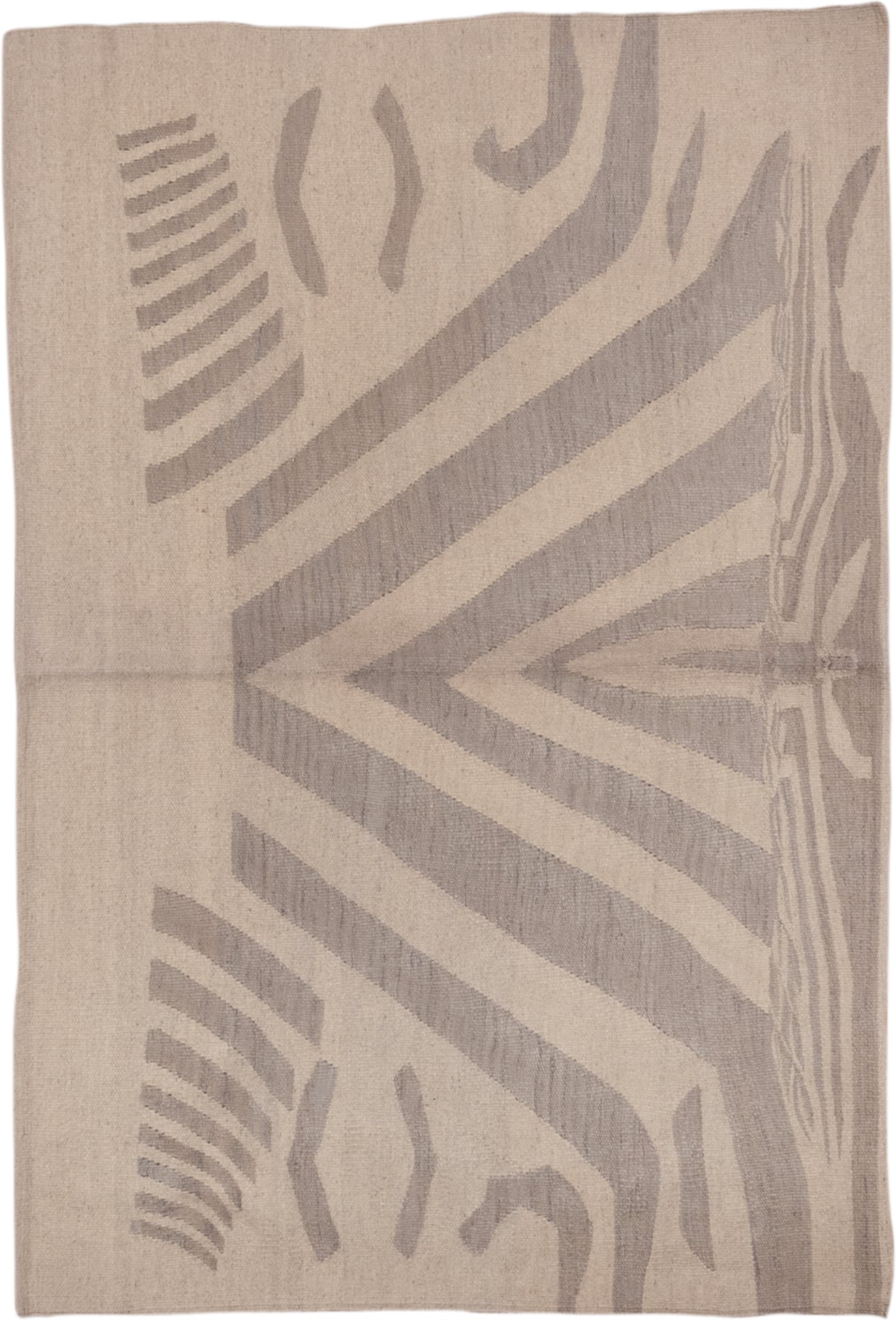 4' x 5' one-of-a-kind handmade vintage Kilim small size rug. Color palette: beige, taupe, ivory, sand, greige, gray