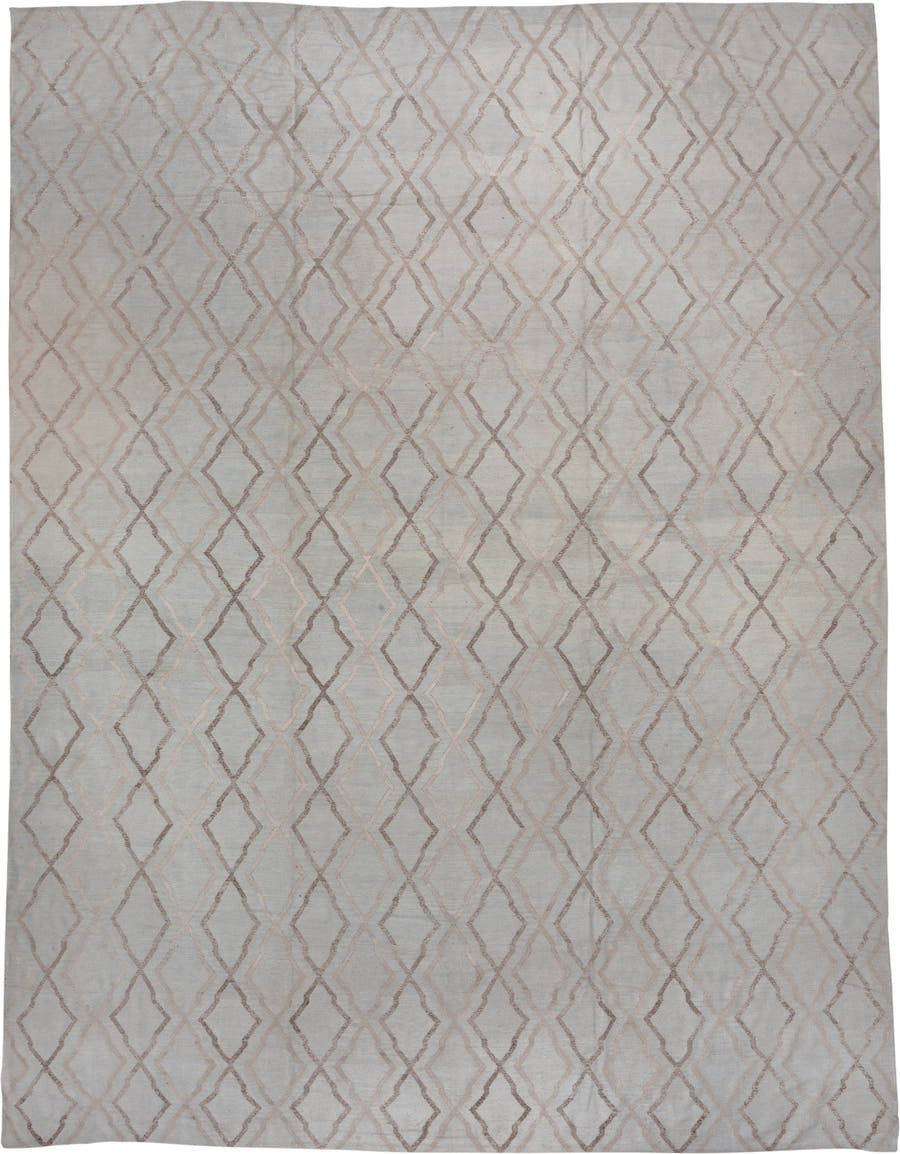 14' x 18' one-of-a-kind handmade vintage Kilim oversize rug. Color palette: ivory, taupe, beige, cream, light gray, gray