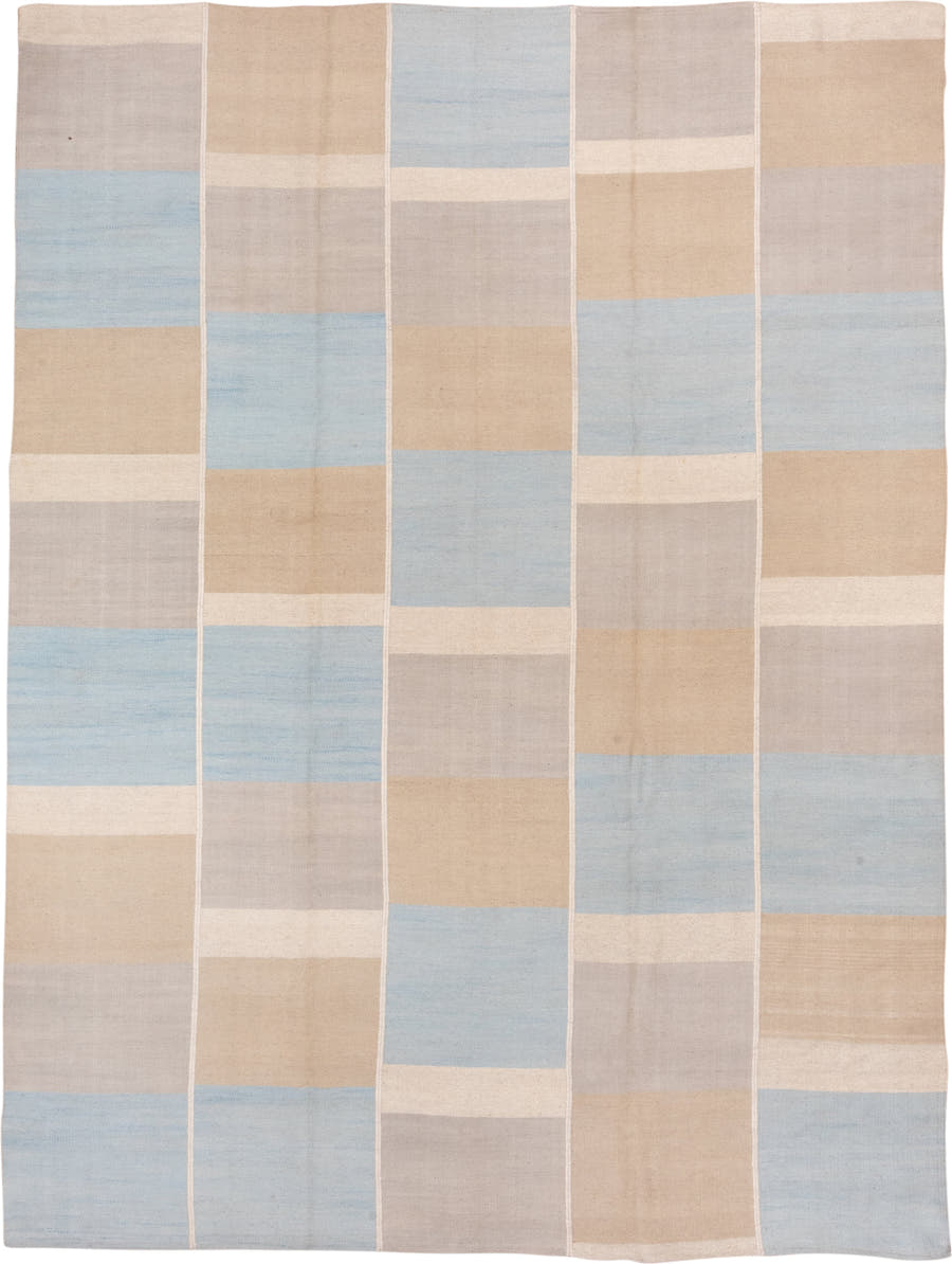 9' x 12' one-of-a-kind handmade vintage Kilim large size rug. Color palette: ivory, pale blue, beige, taupe, light blue