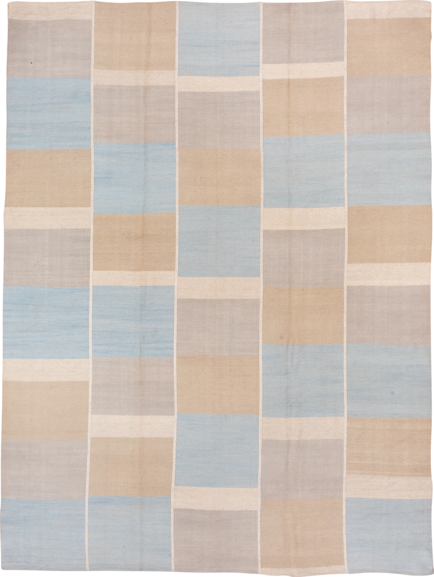 9' x 12' one-of-a-kind handmade vintage Kilim large size rug. Color palette: ivory, pale blue, beige, taupe, light blue