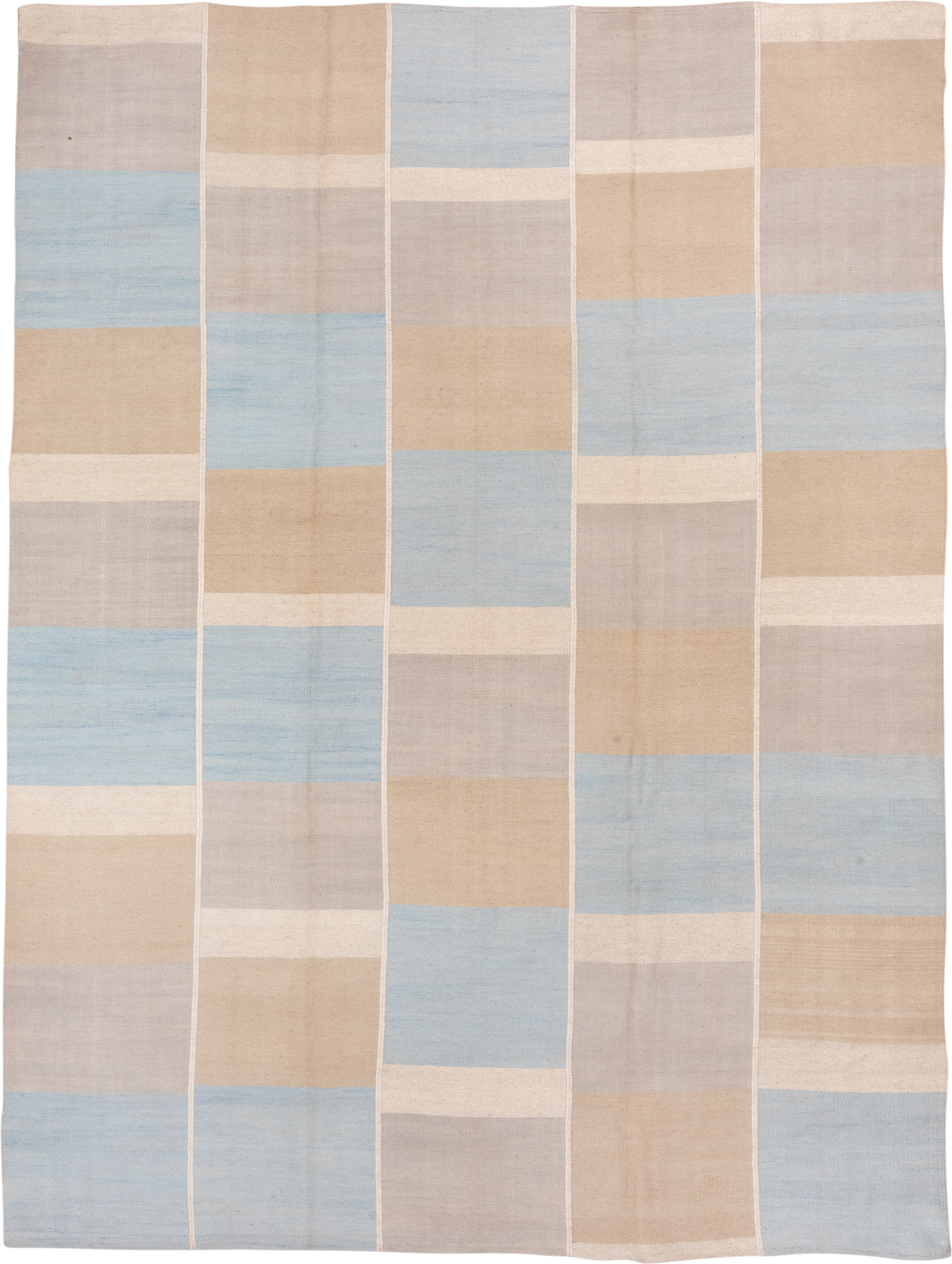 9' x 12' one-of-a-kind handmade vintage Kilim large size rug. Color palette: ivory, pale blue, beige, taupe, light blue