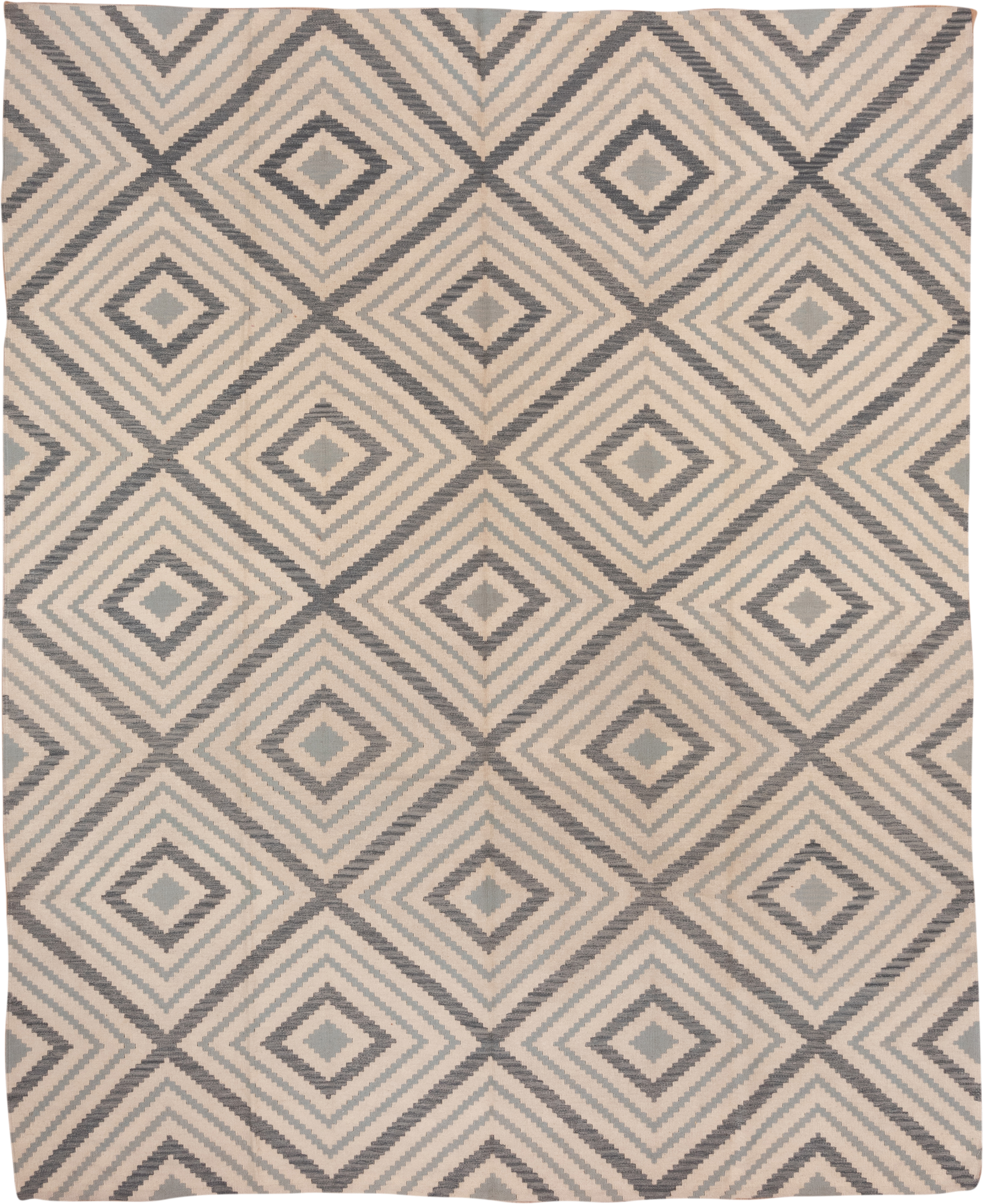 10' x 12' one-of-a-kind handmade vintage Kilim large size rug. Color palette: ivory, gray, taupe, beige