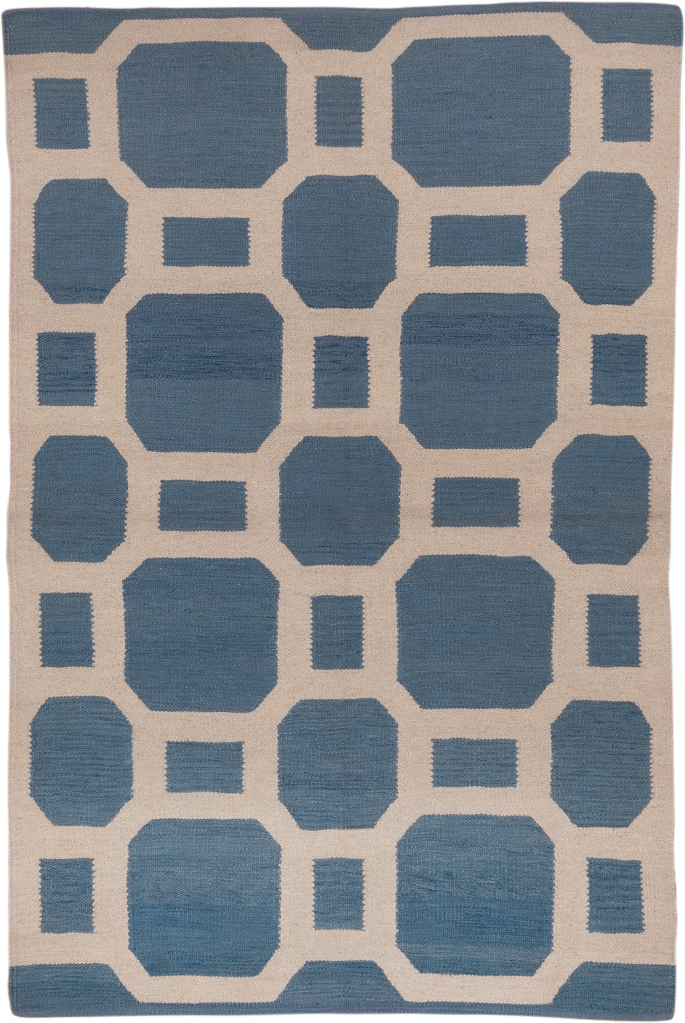 4' x 6' one-of-a-kind handmade vintage Kilim small size rug. Color palette: blue, ivory