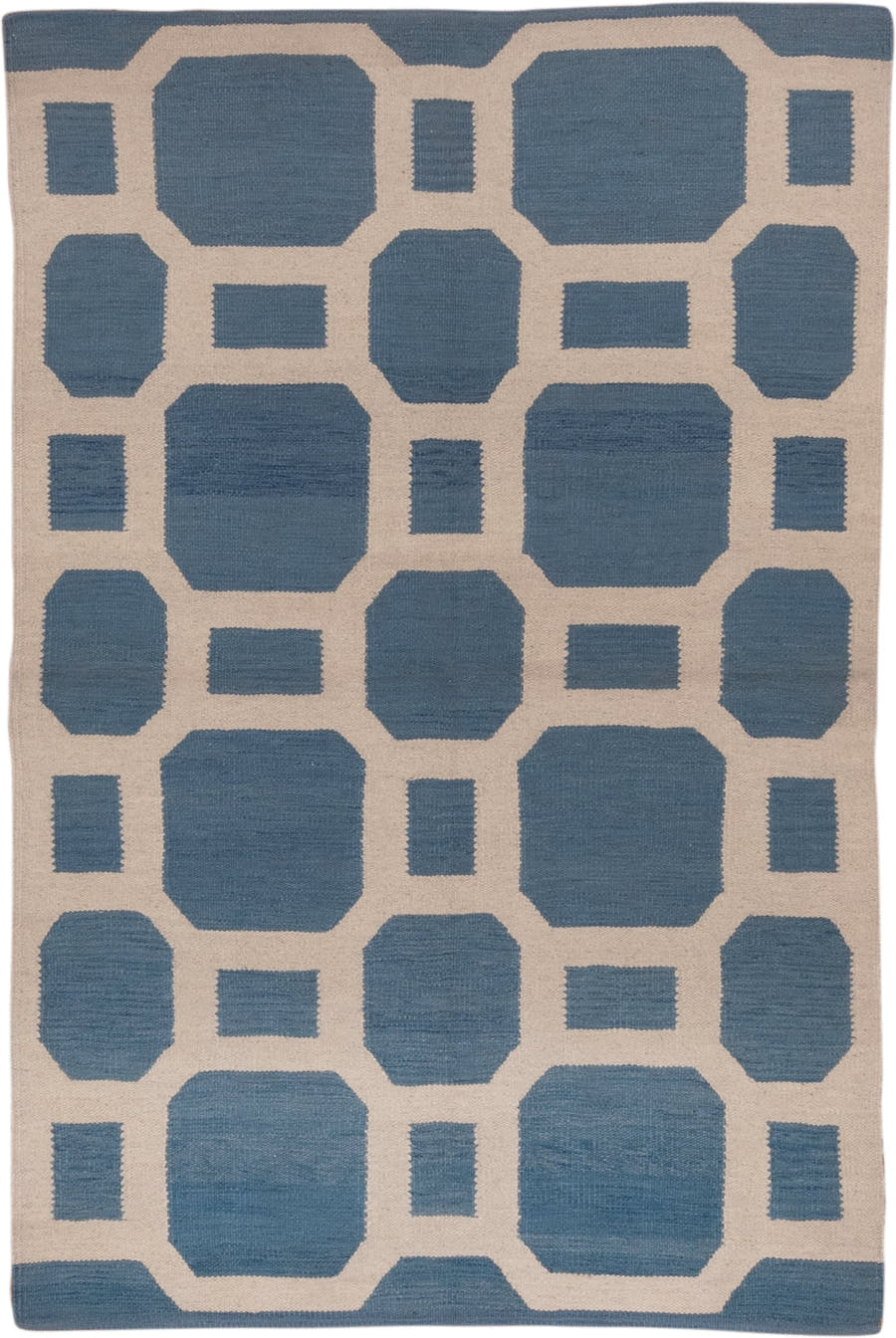 4' x 6' one-of-a-kind handmade vintage Kilim small size rug. Color palette: blue, ivory