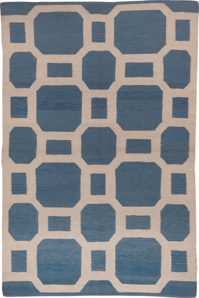 4' x 6' one-of-a-kind handmade vintage Kilim small size rug. Color palette: arapawa, blue, dark gray, fiord, gray
