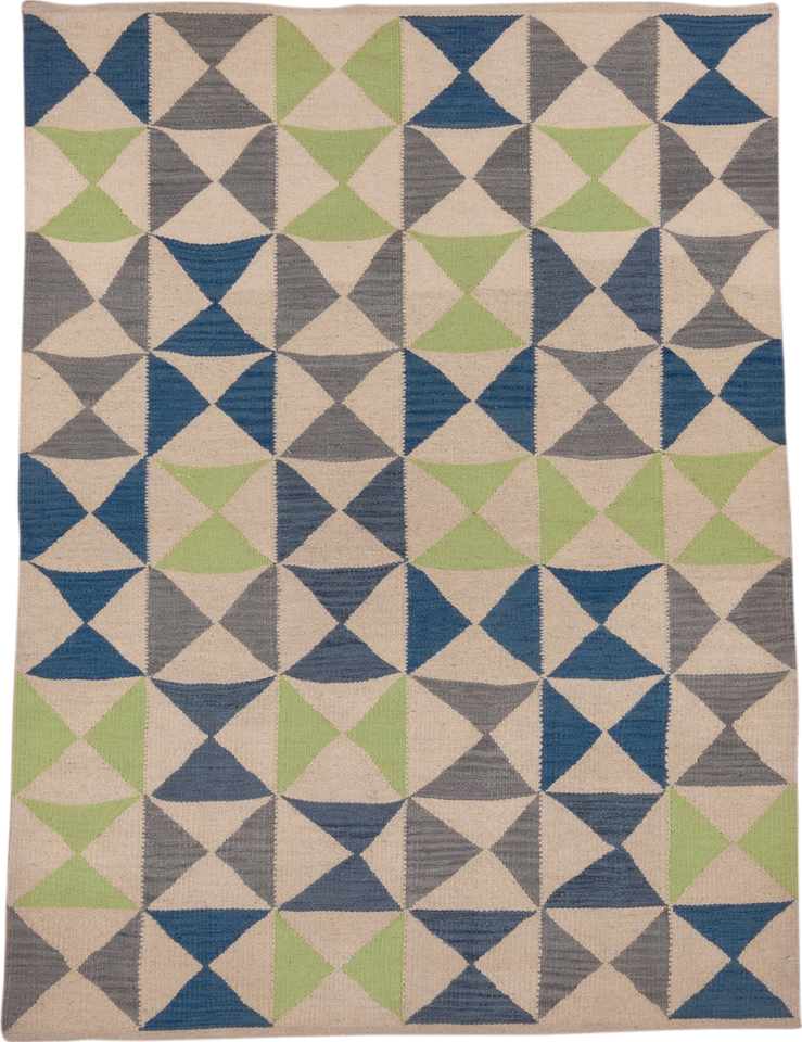 4' x 5' one-of-a-kind handmade vintage Kilim small size rug. Color palette: ivory, blue, gray, sage, green