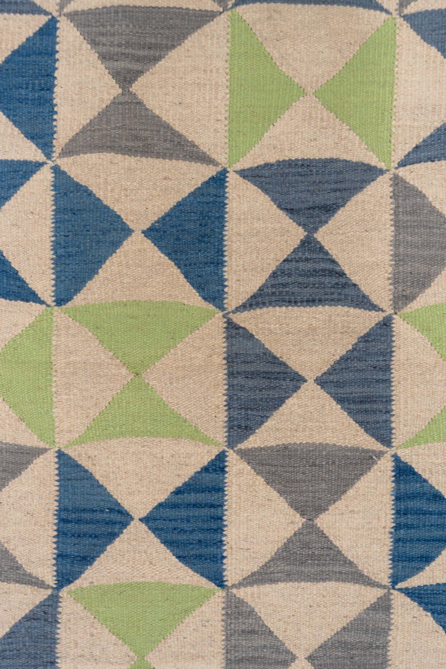 4' x 5' one-of-a-kind handmade vintage Kilim small size rug. Color palette: ivory, blue, gray, sage, green