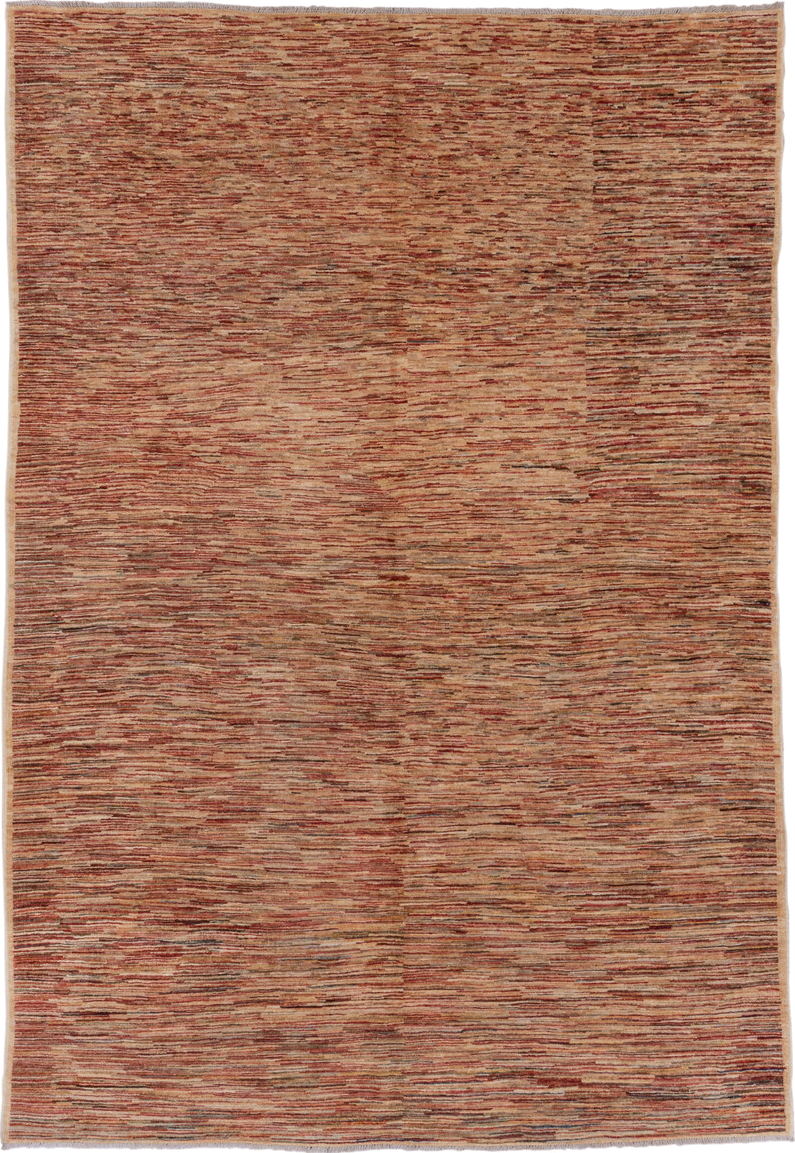 6' x 9' one-of-a-kind handmade vintage Afghan medium size rug. Color palette: camel, terra cotta, rust, beige, taupe