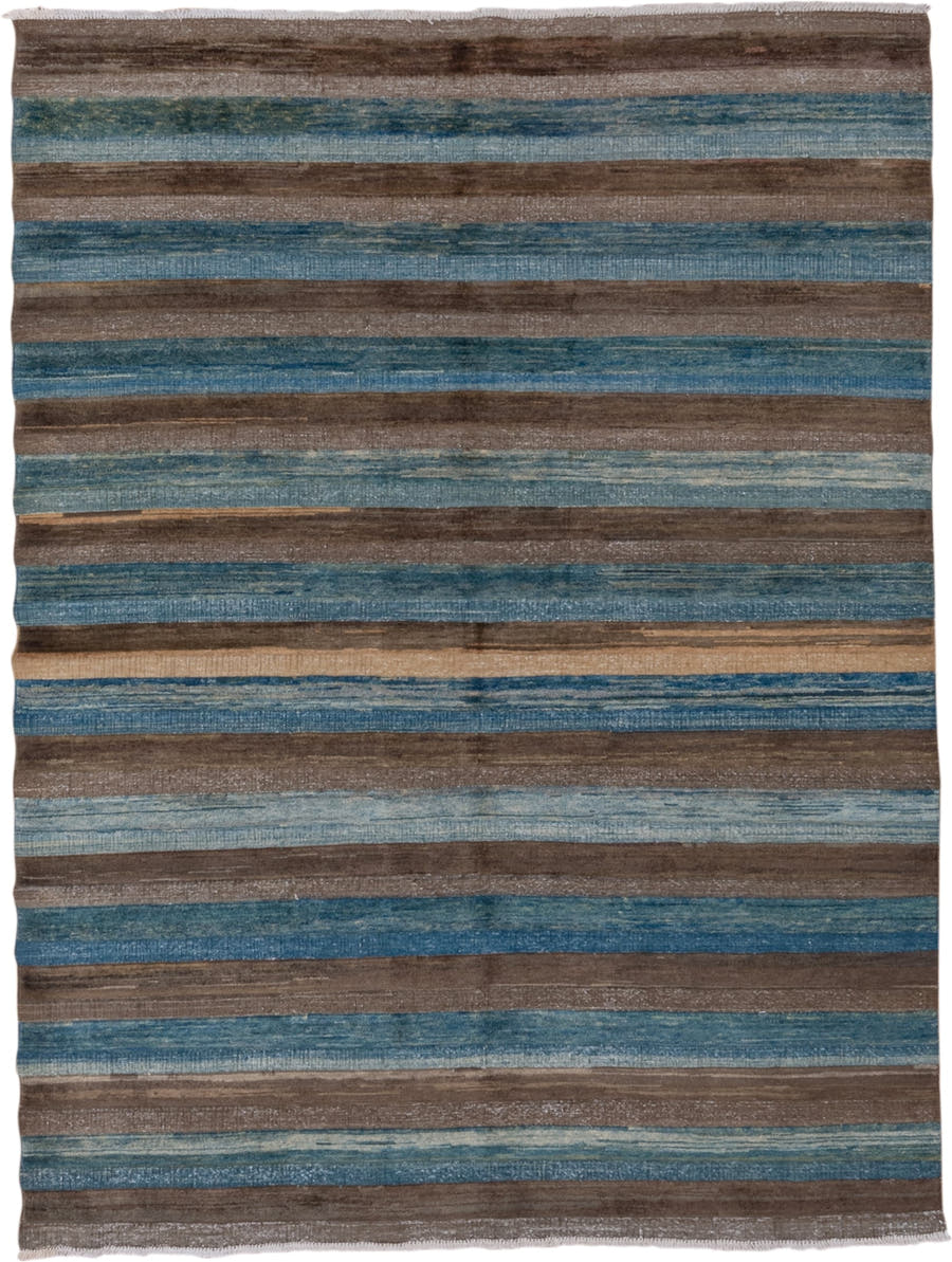 4' x 6' one-of-a-kind handmade vintage Afghan small size rug. Color palette: taupe, teal, sky blue, slate, brown, camel