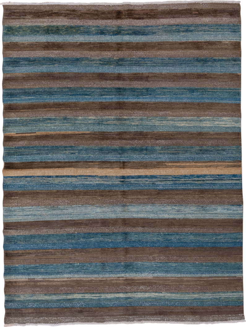 4' x 6' one-of-a-kind handmade vintage Afghan small size rug. Color palette: taupe, teal, sky blue, slate, brown, camel