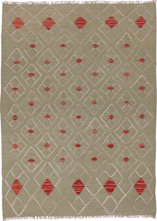 3' x 4' one-of-a-kind handmade vintage Kilim small size rug. Color palette: olive, ivory, coral, beige, green, terracotta