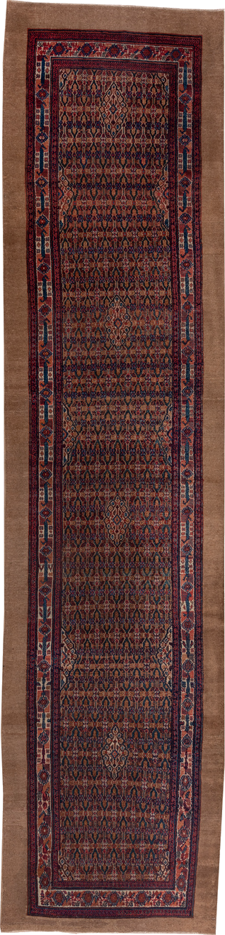 3' x 14' one-of-a-kind handmade vintage Cam Hamadan runner rug. Color palette: blue, brown, gray, pink, red, redwood