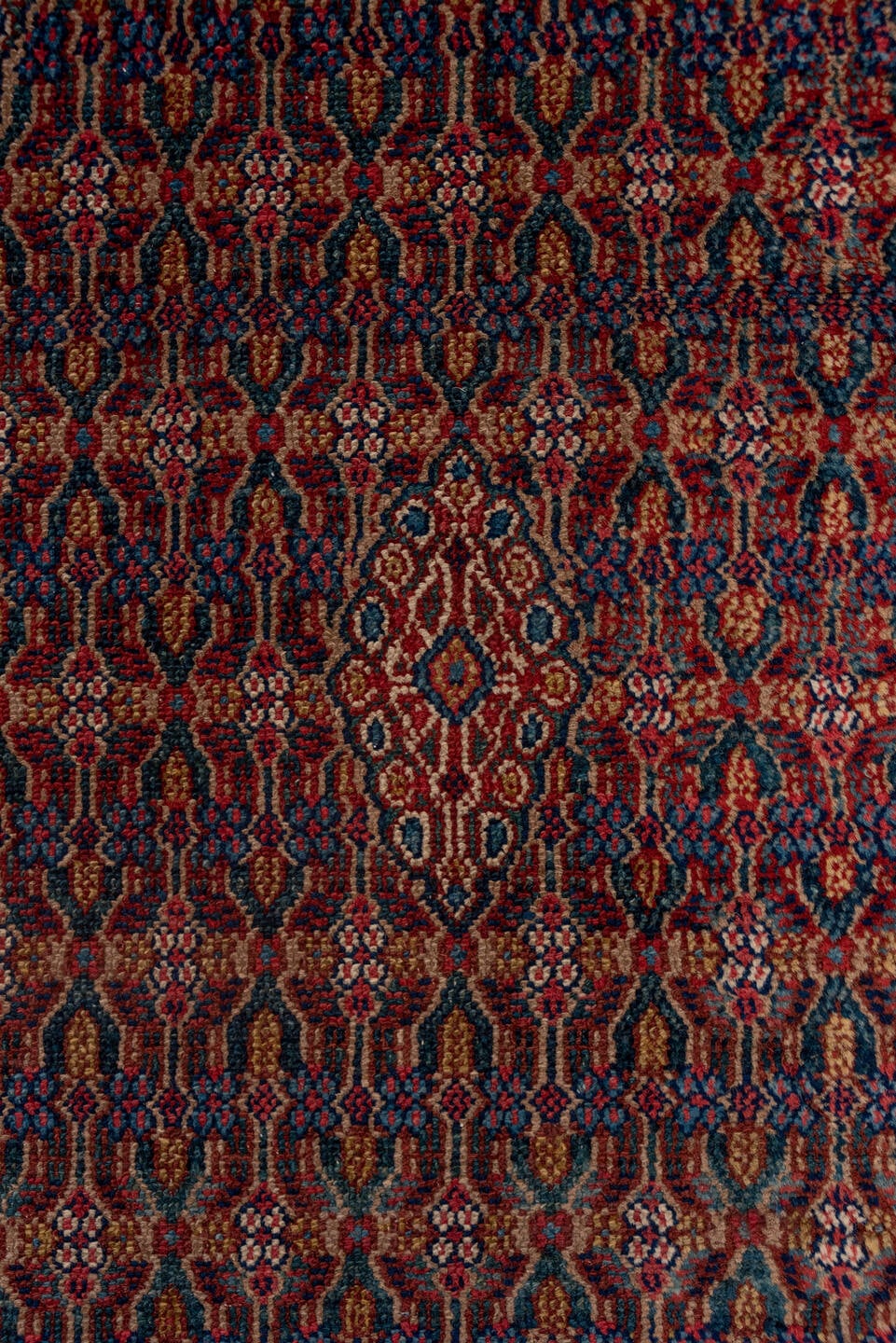 3' x 14' one-of-a-kind handmade antique Cam Hamadan runner rug. Color palette: camel, navy, rust, ivory, burgundy, slate