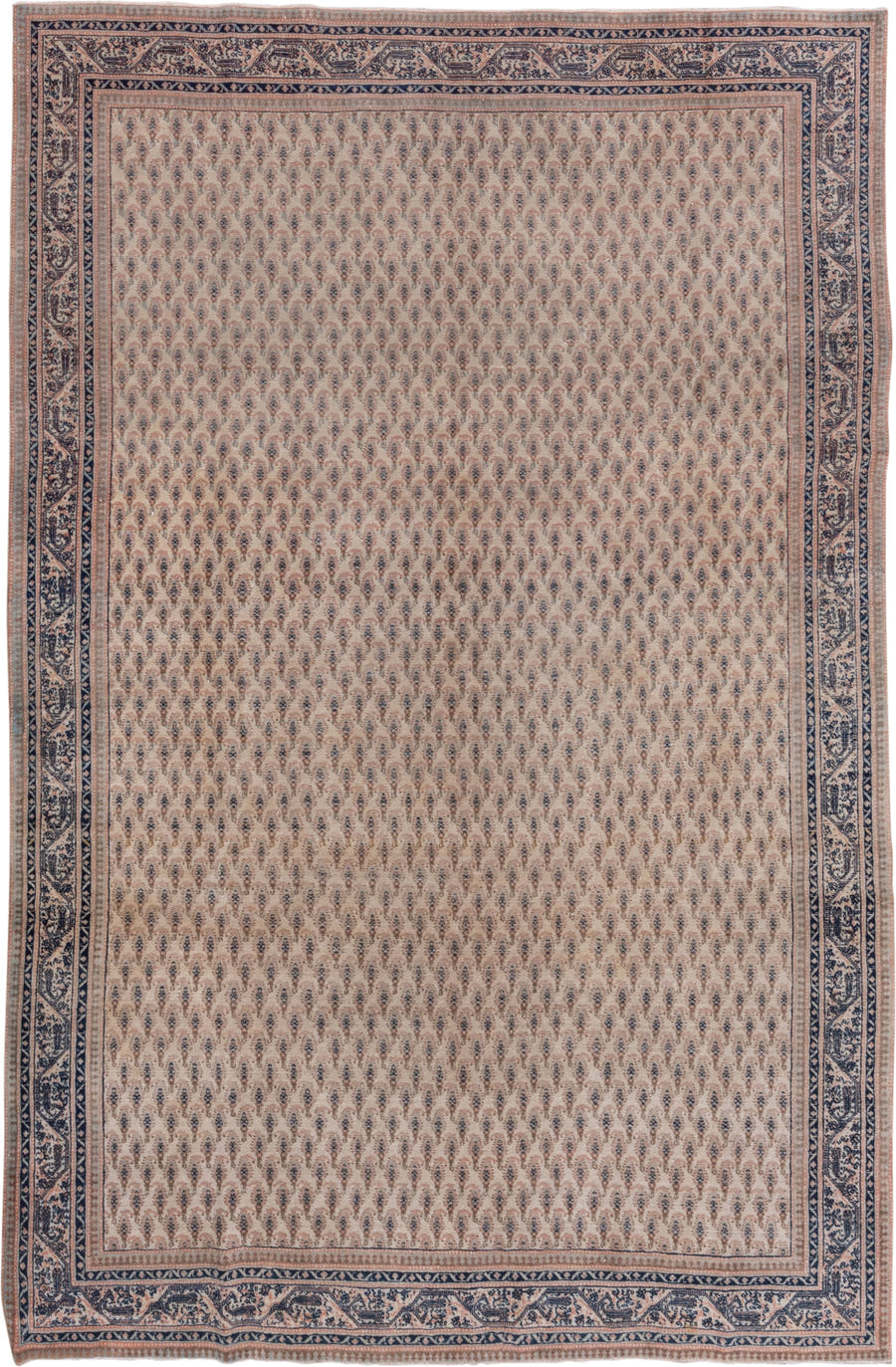 7' x 11' one-of-a-kind handmade antique Sivas large size rug. Color palette: ivory, blush, navy, taupe, rose, slate, pink