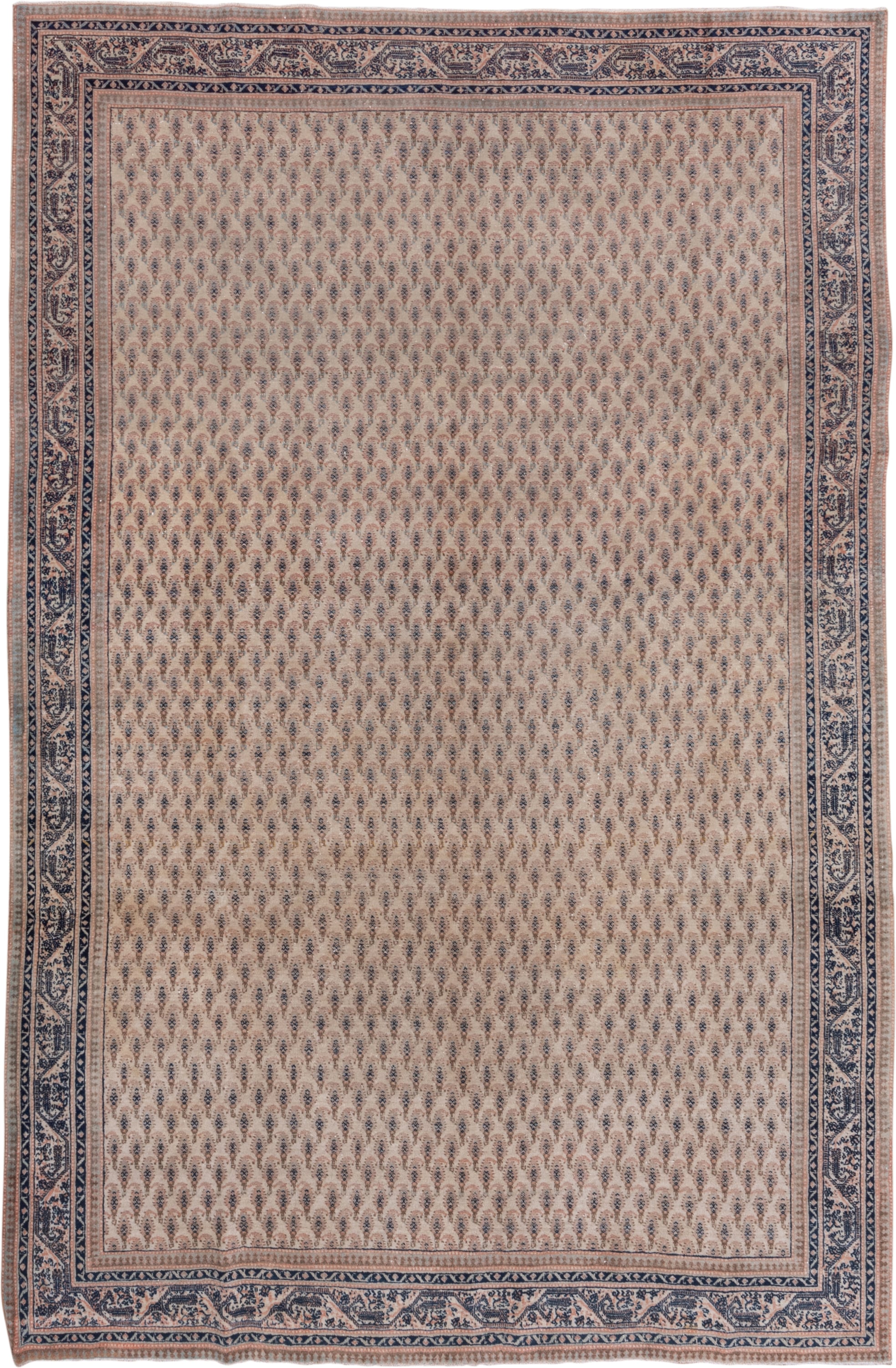 7' x 11' one-of-a-kind handmade antique Sivas large size rug. Color palette: ivory, blush, navy, taupe, rose, slate, pink