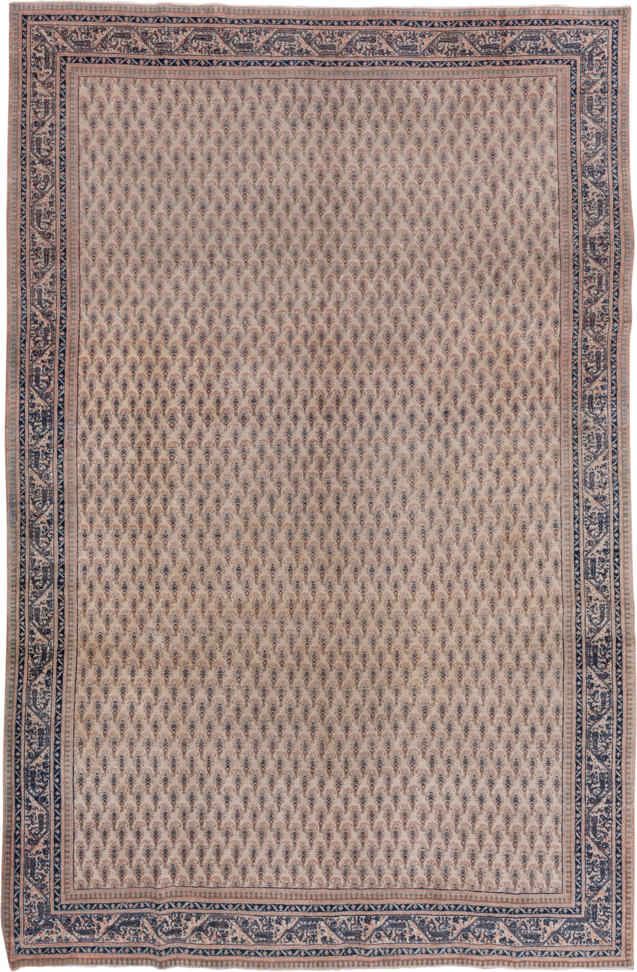 7' x 11' one-of-a-kind handmade antique Sivas large size rug. Color palette: ivory, blush, navy, taupe, rose, slate, pink