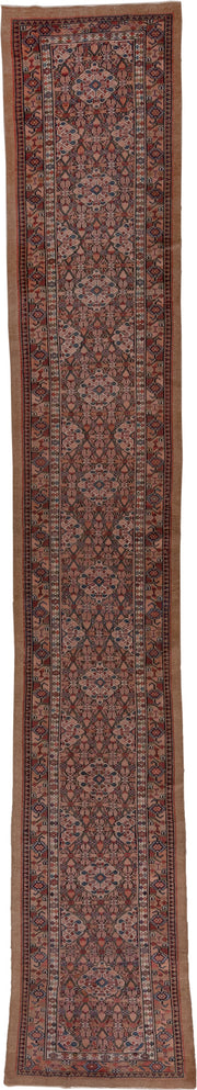 2' x 17' one-of-a-kind handmade antique Cam Hamadan runner rug. Color palette: rust, camel, ivory, indigo, navy, taupe