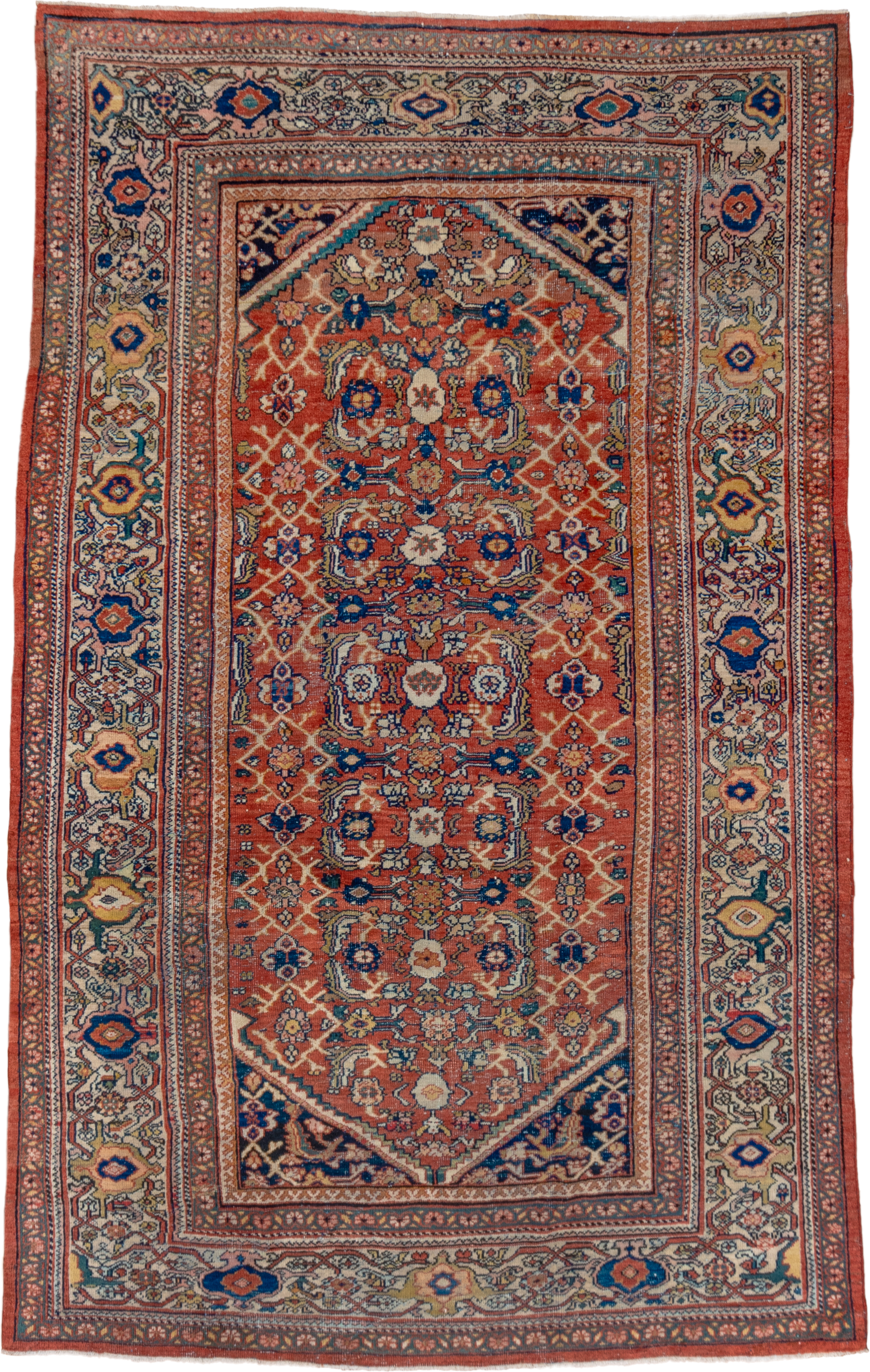 6' x 10' one-of-a-kind handmade antique Mahal large size rug. Color palette: terra cotta, ivory, navy, rust, camel, gold