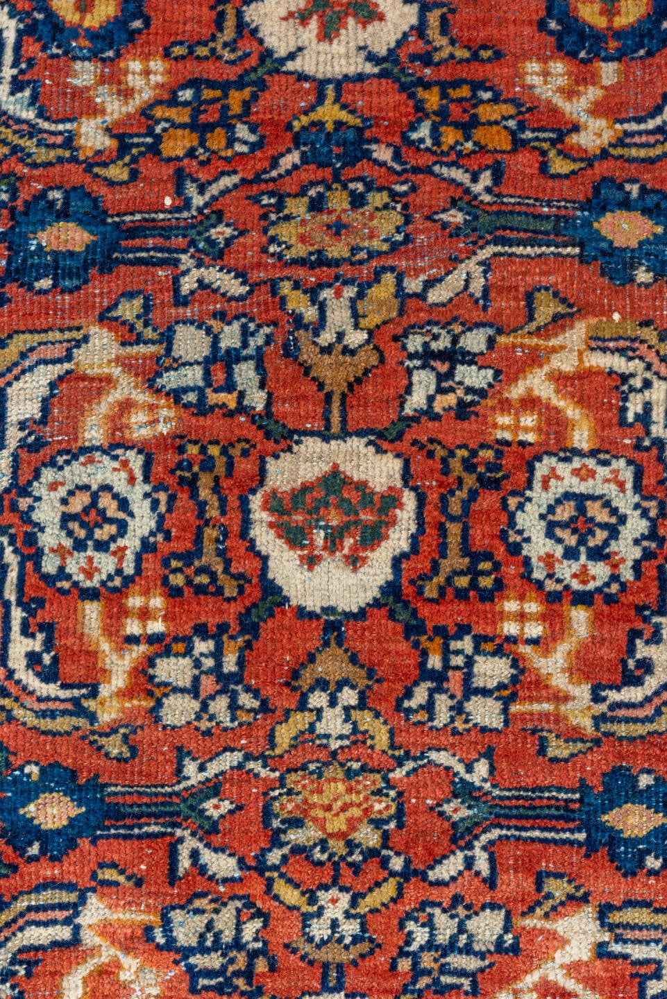 6' x 10' one-of-a-kind handmade antique Mahal large size rug. Color palette: terra cotta, ivory, navy, rust, camel, gold