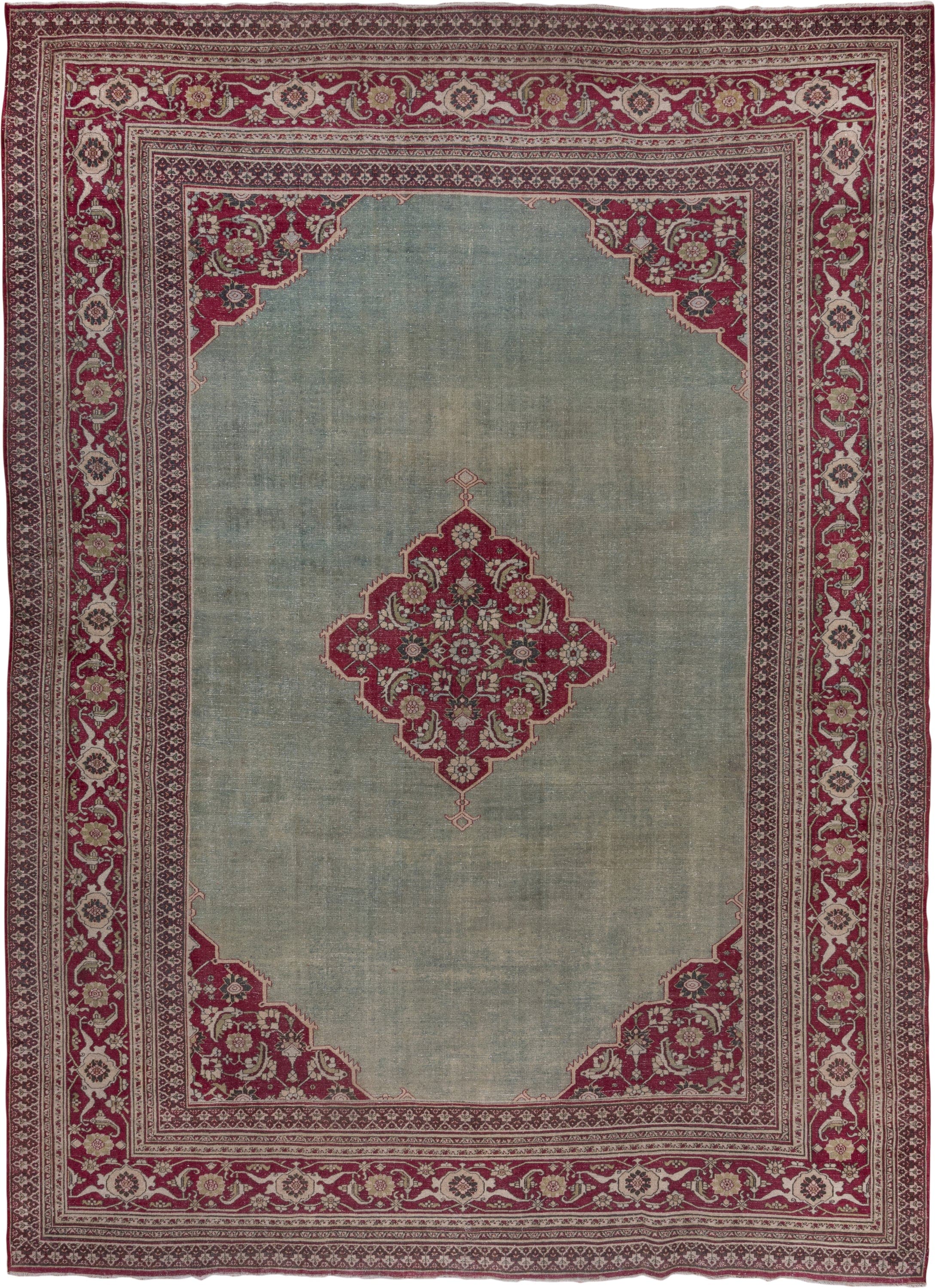 10' x 15' one-of-a-kind handmade antique Khorassan rug. Color palette: sage, crimson, ivory, rose, taupe, green, red, pink
