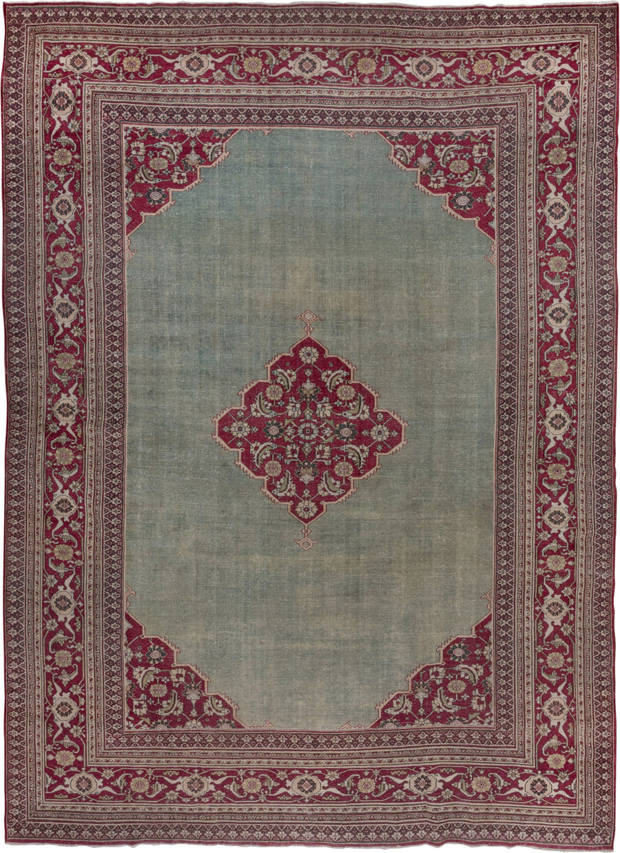 10' x 15' one-of-a-kind handmade antique Khorassan rug. Color palette: sage, crimson, ivory, rose, taupe, green, red, pink