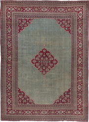 10' x 15' one-of-a-kind handmade antique Khorassan rug. Color palette: sage, crimson, ivory, rose, taupe, green, red, pink