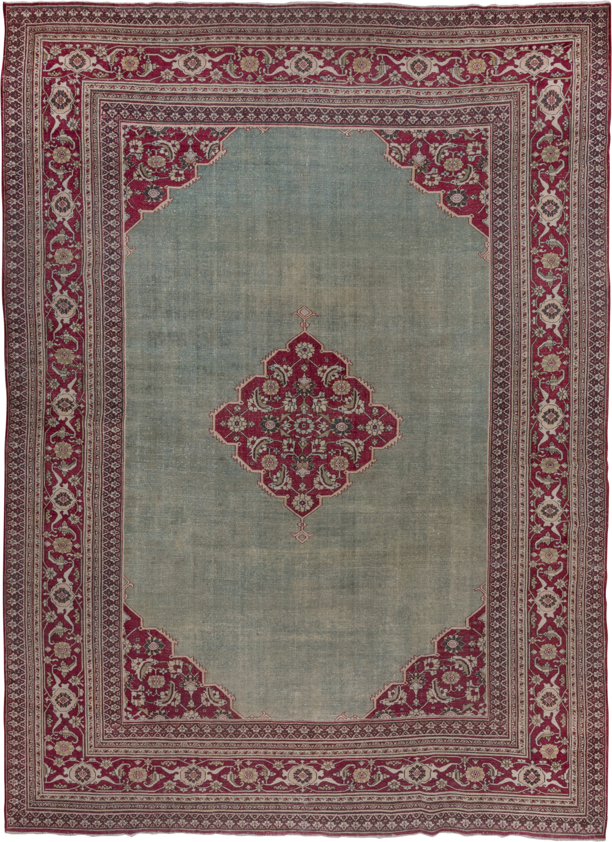 10' x 15' one-of-a-kind handmade antique Khorassan rug. Color palette: sage, crimson, ivory, rose, taupe, green, red, pink