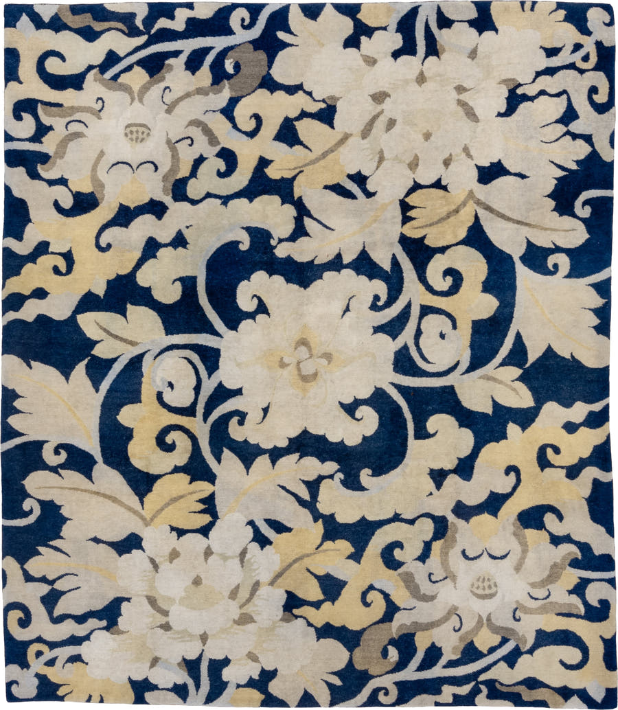 8' x 9' one-of-a-kind handmade vintage Tibetan rug. Color palette: navy, ivory, cream, taupe, slate, gold, blue, beige, gray
