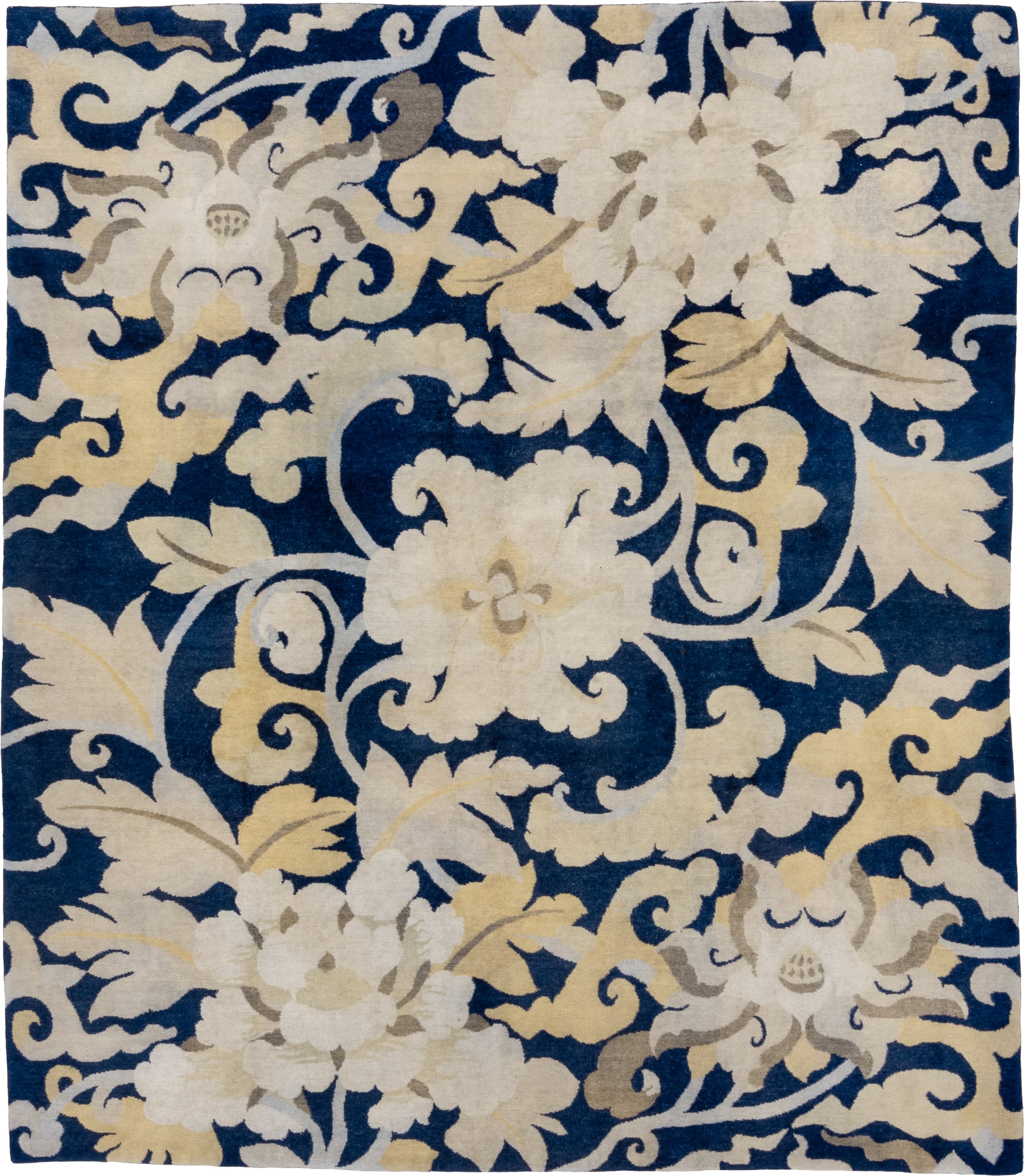 8' x 9' one-of-a-kind handmade vintage Tibetan rug. Color palette: navy, ivory, cream, taupe, slate, gold, blue, beige, gray