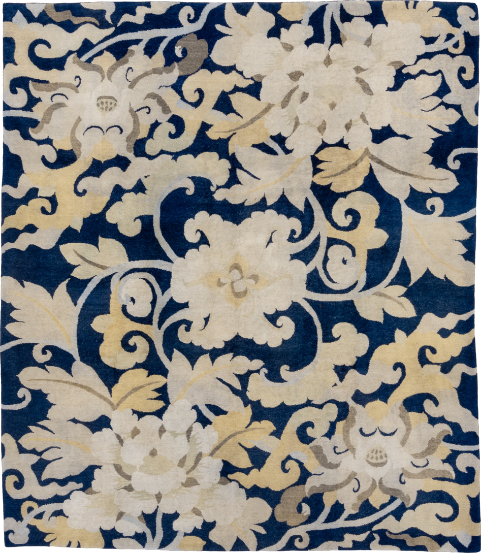 8' x 9' one-of-a-kind handmade vintage Tibetan rug. Color palette: blue, brown, fiord, gray, light gray, off-white, orange