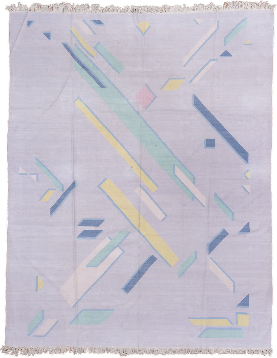 9' x 11' one-of-a-kind handmade vintage Dhurrie large size rug. Color palette: lavender, aqua, pale yellow, sky blue, blush